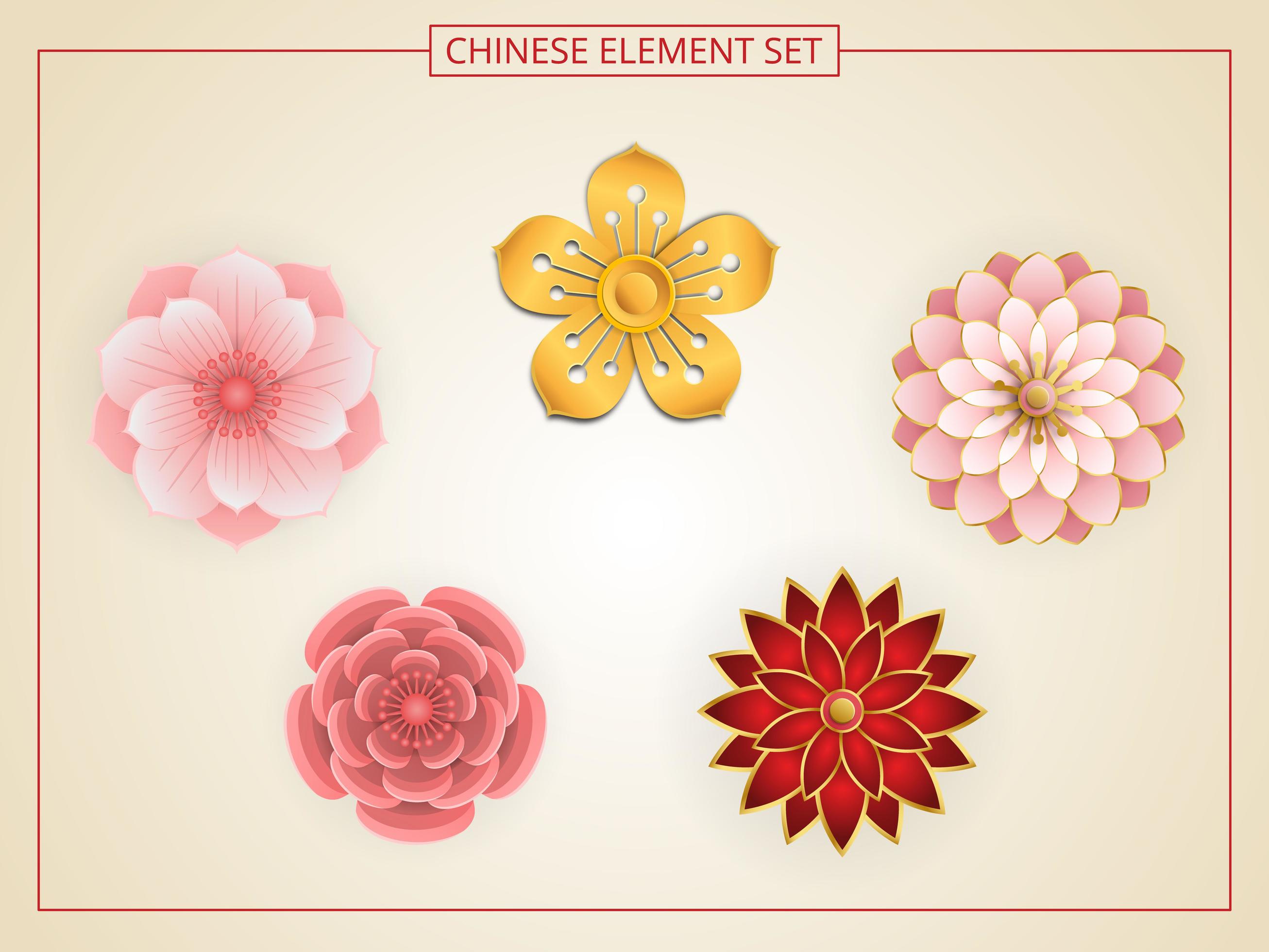 Chinese flowers with pink, red, gold color in paper cut style. Stock Free