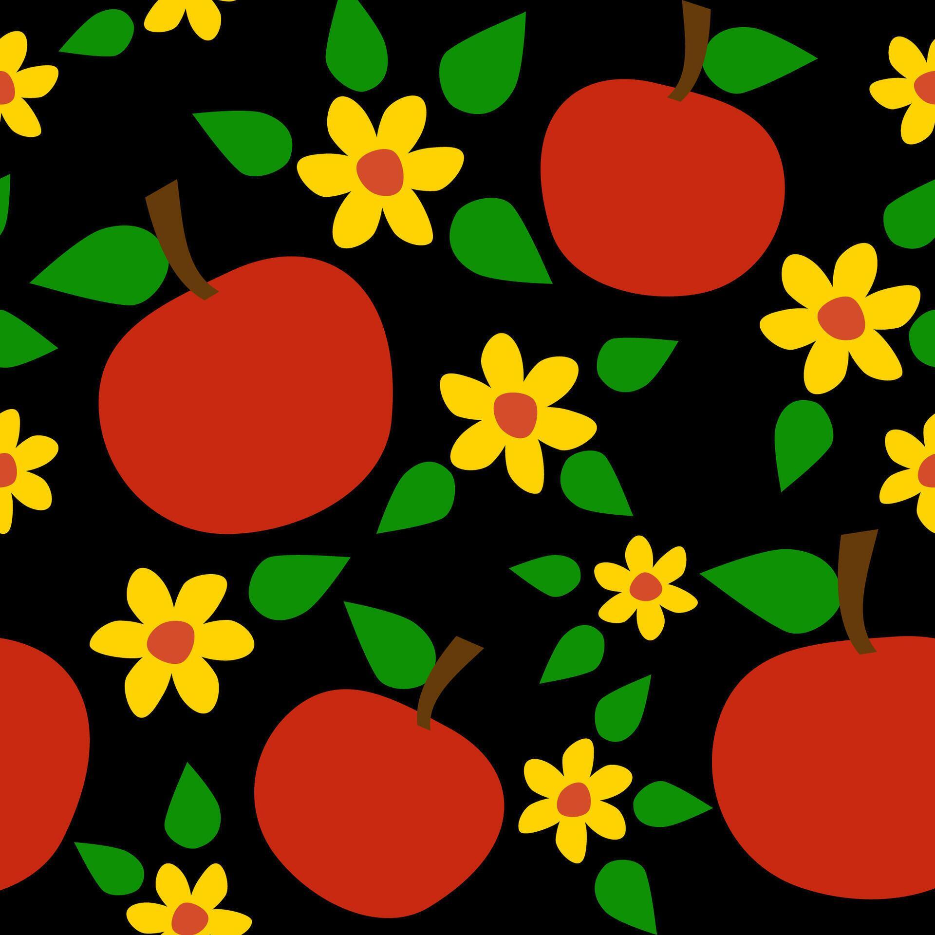 Seamless apple pattern with green leaves and yellow flowers on a black background. Suits as fabric print, wallpaper, all parts are editable Stock Free