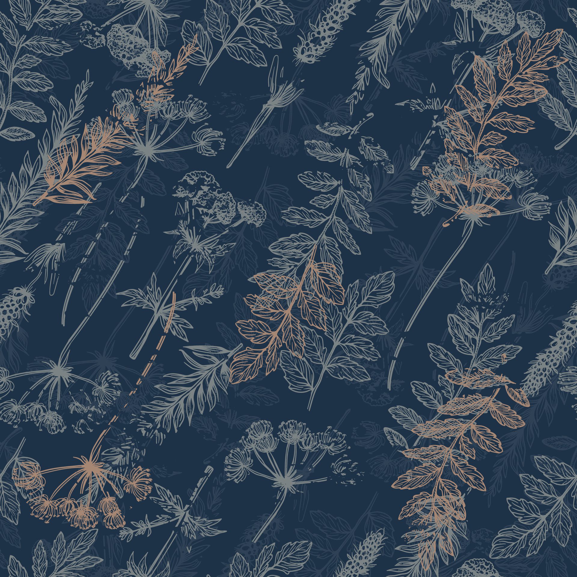 A seamless pattern featuring wild herbs in a vintage style with a grunge touch. Blue accents add elegance to the botanical illustration Free Vector