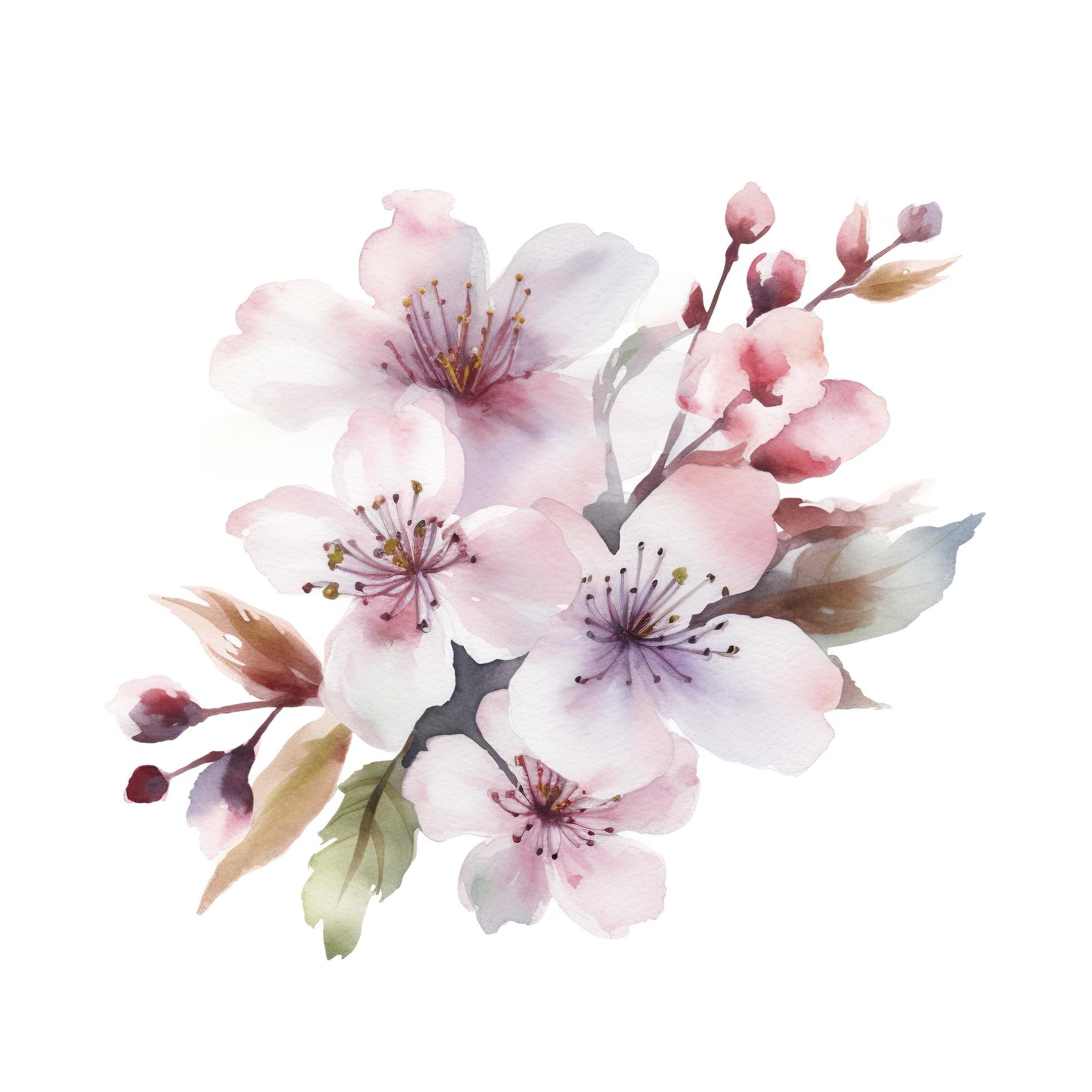 cherry blossoms flower arrangment, in the style of ornamental watercolour, blank white background, generat ai Stock Free