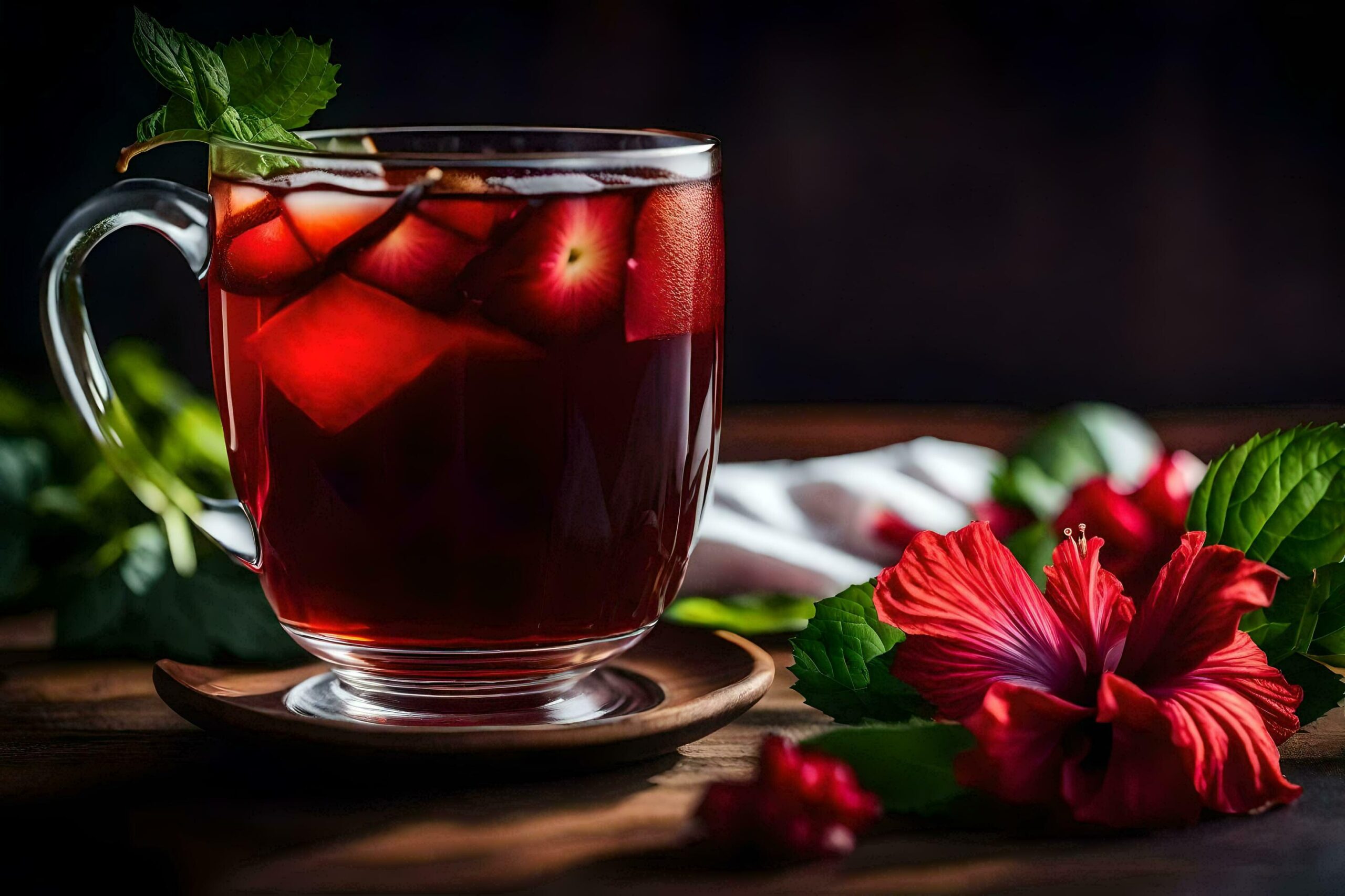 a cup of tea with hibiscus flowers and leaves Free Photo