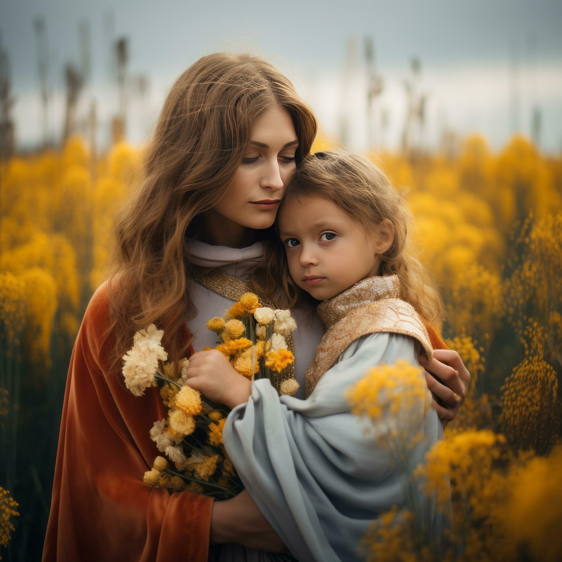 Family in yellow flower field – AI generated Stock Free