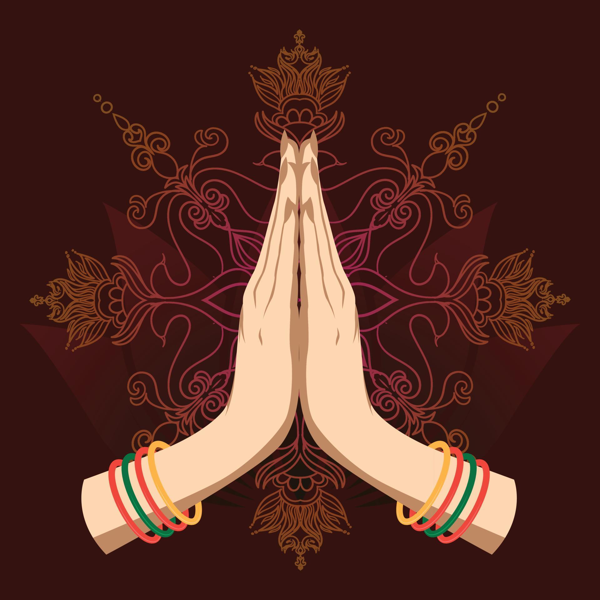 Illustration of karma depicted with Namaste, Indian women’s hand greeting posture of namaste with lotus flower vector illustration Stock Free