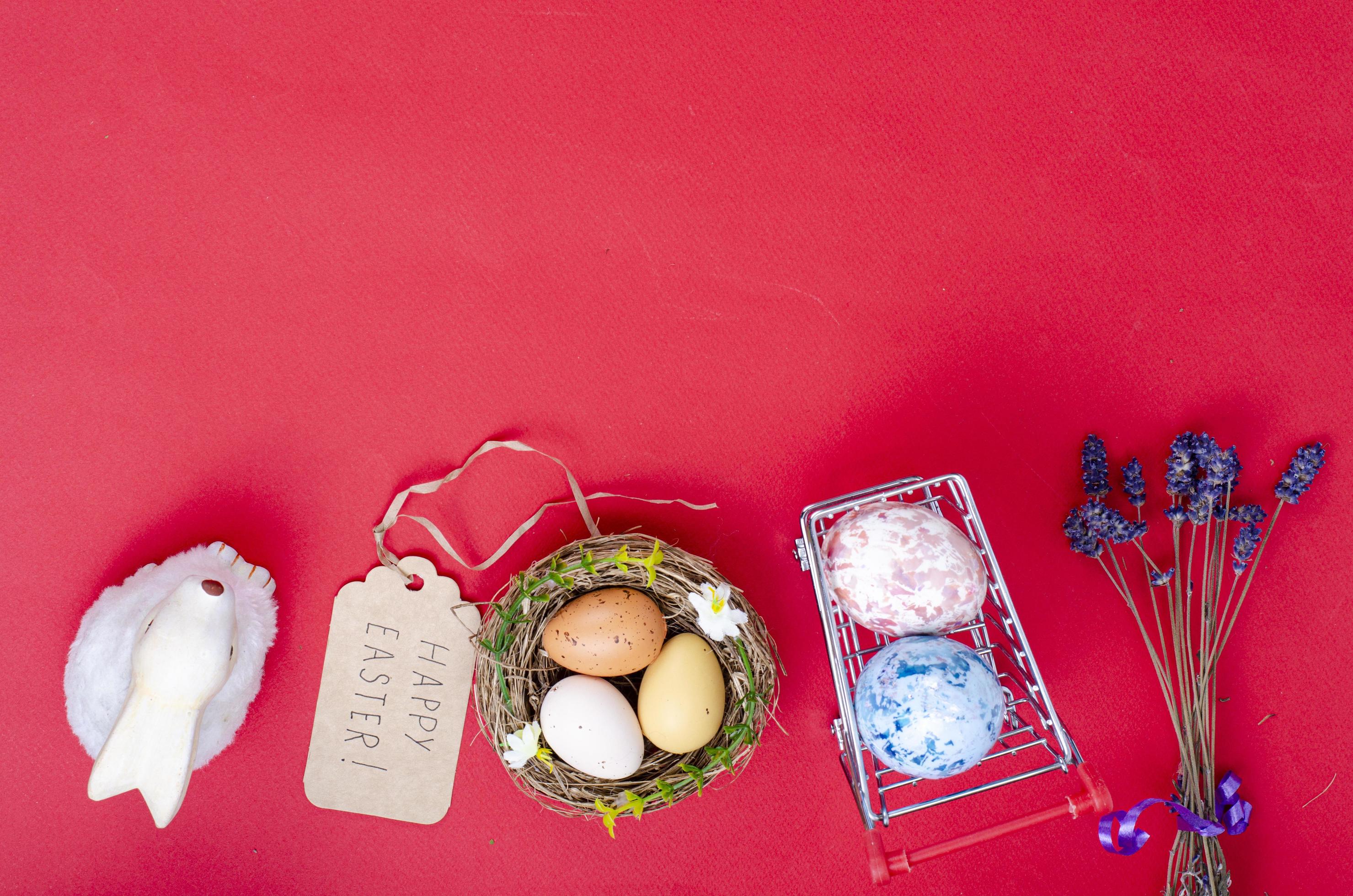 Grocery supermarket cart filled with chicken eggs. Concept of preparing for Easter, buying food. Space for text. Studio Photo Stock Free