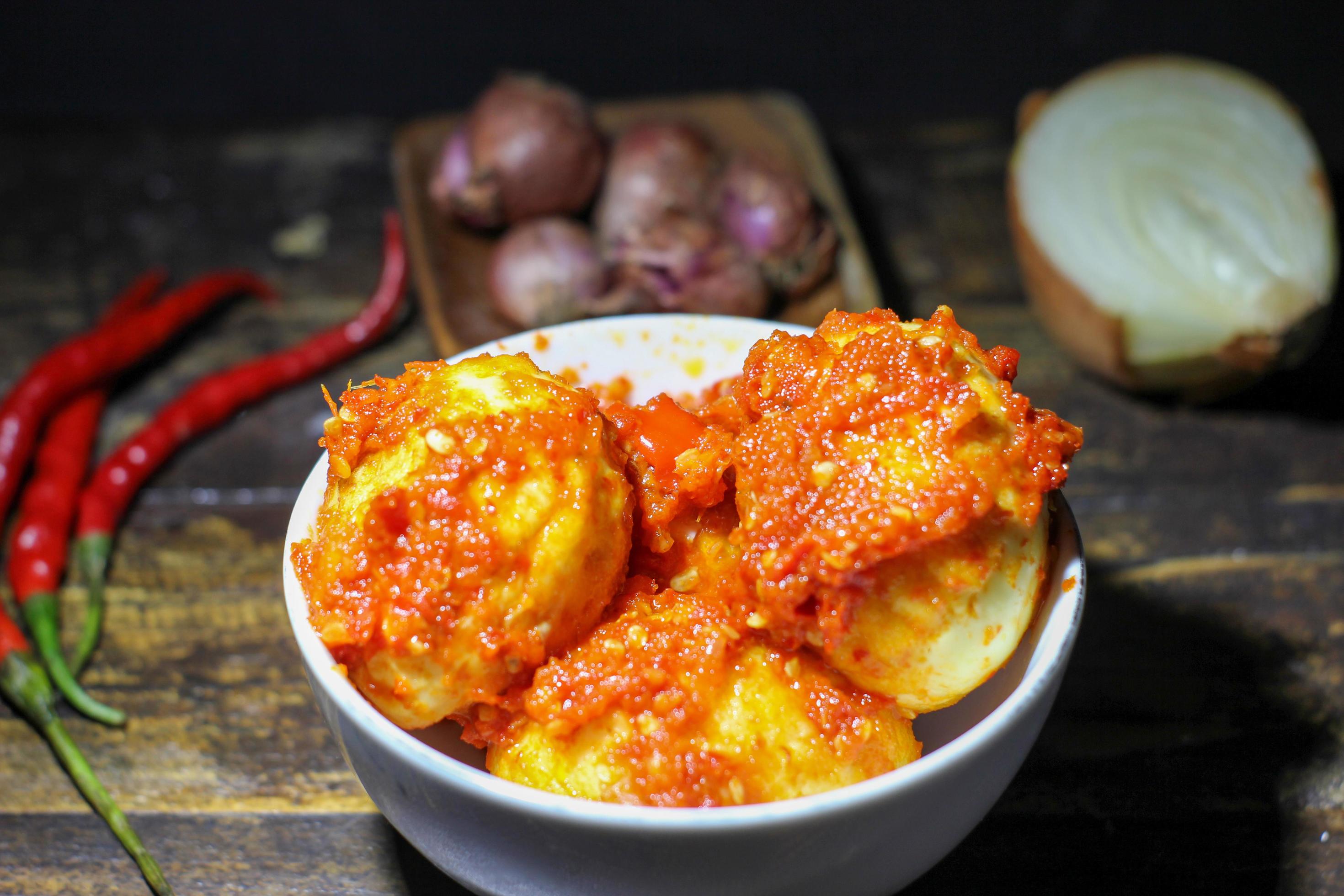 Indonesian Food Telur Balado or Balado Eggs is Eggs with Spicy Chili Sauce Stock Free