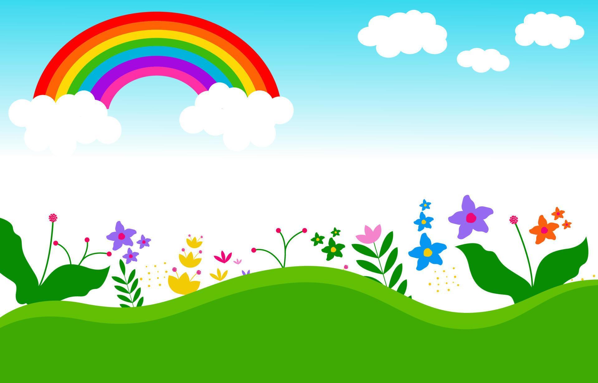 Empty kindergarten room with flower, cloud and rainbow in the sky background Stock Free and Free SVG