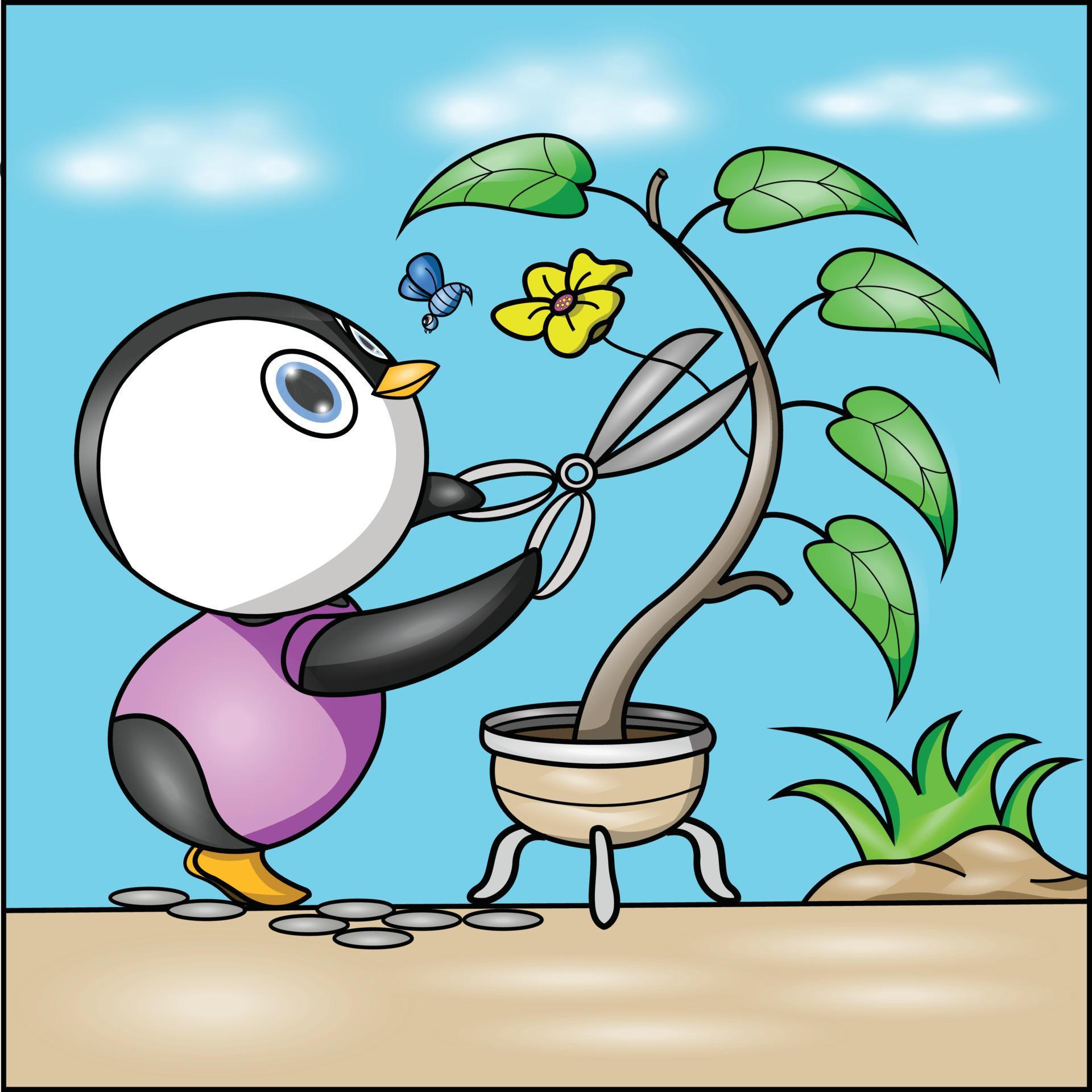 a penguin cutting flowers Stock Free