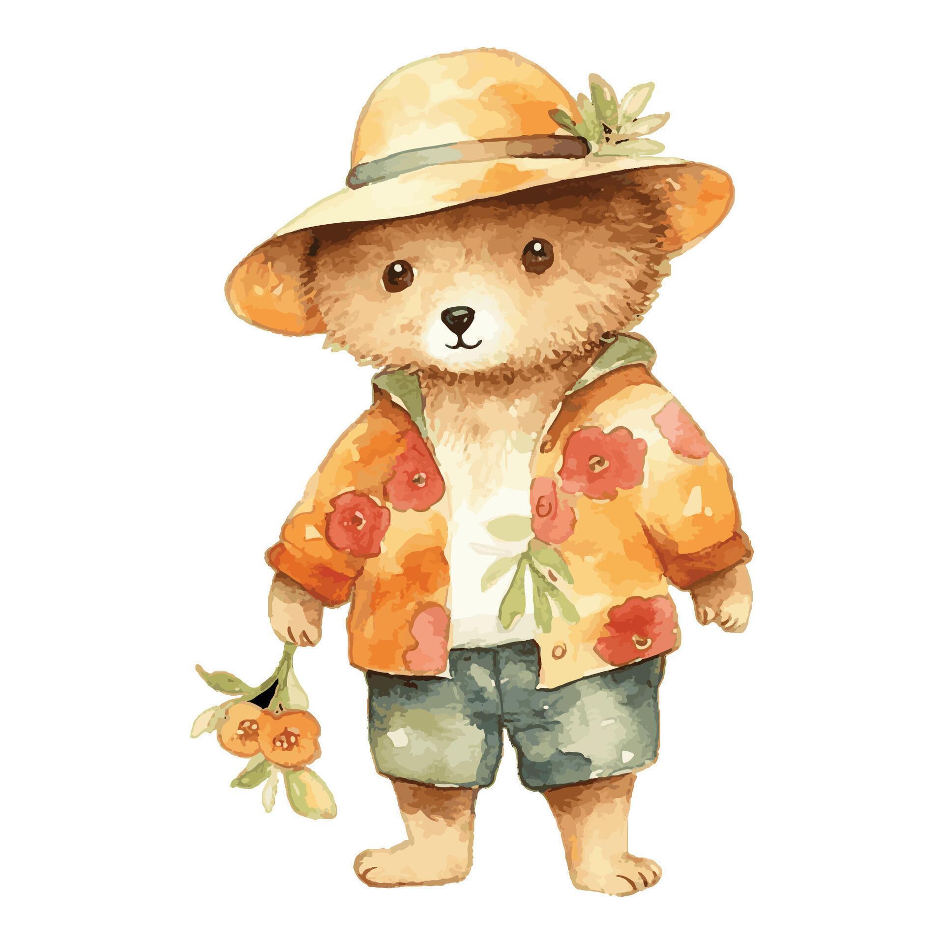 Watercolor Cute Bear Wearing Flower Hat And Orange Shirt Unbottoned Hold Flower Concept Stock Free