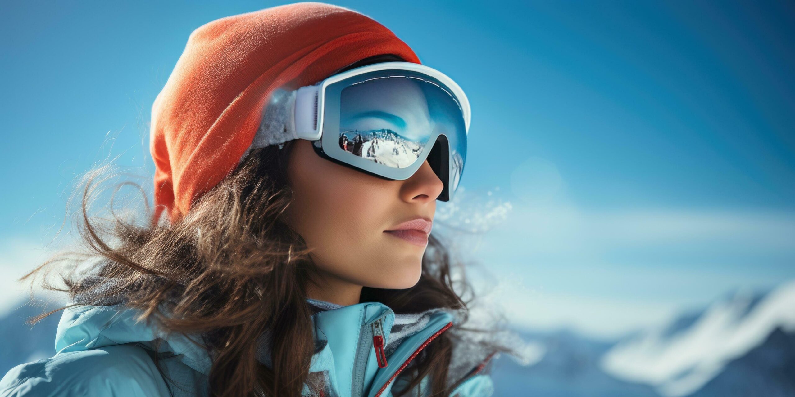 snow sports woman wearing ski goggles in a mountain background Free Photo