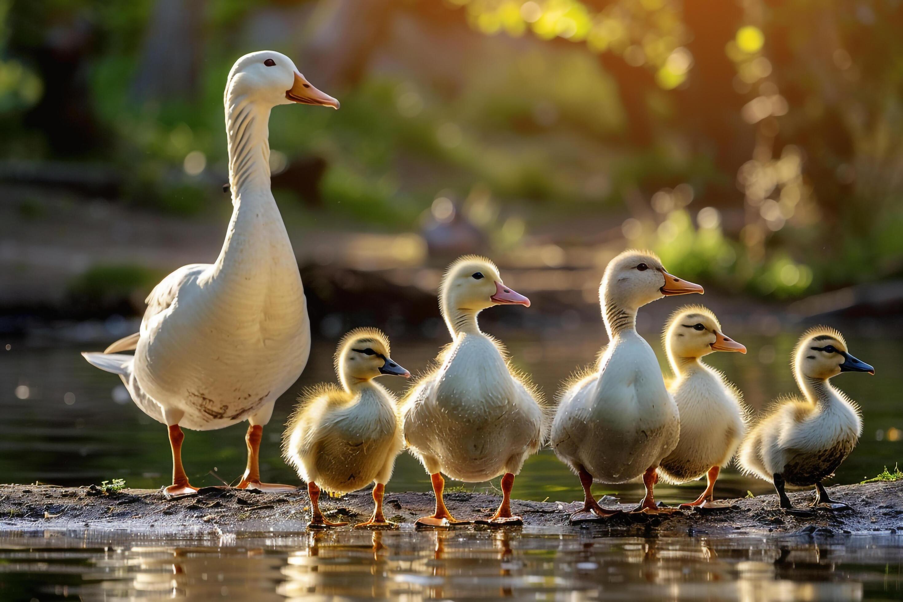 A family of ducks standing on a log in a pond, background Stock Free