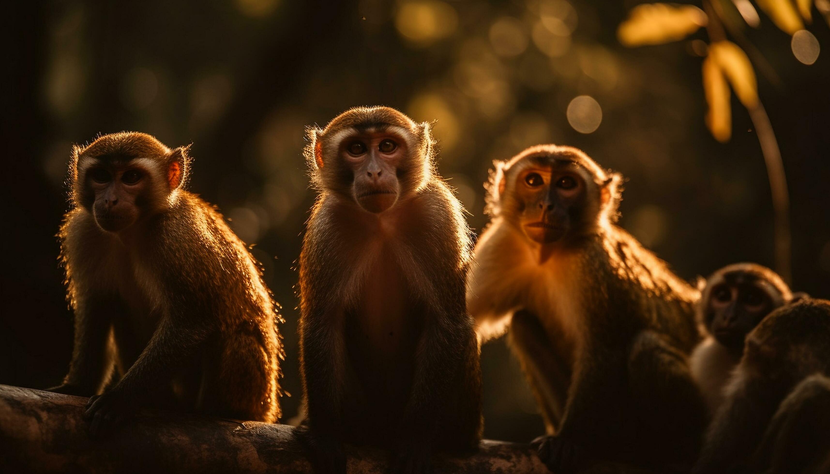 Macaque family sitting in tropical rainforest sunset generated by AI Stock Free