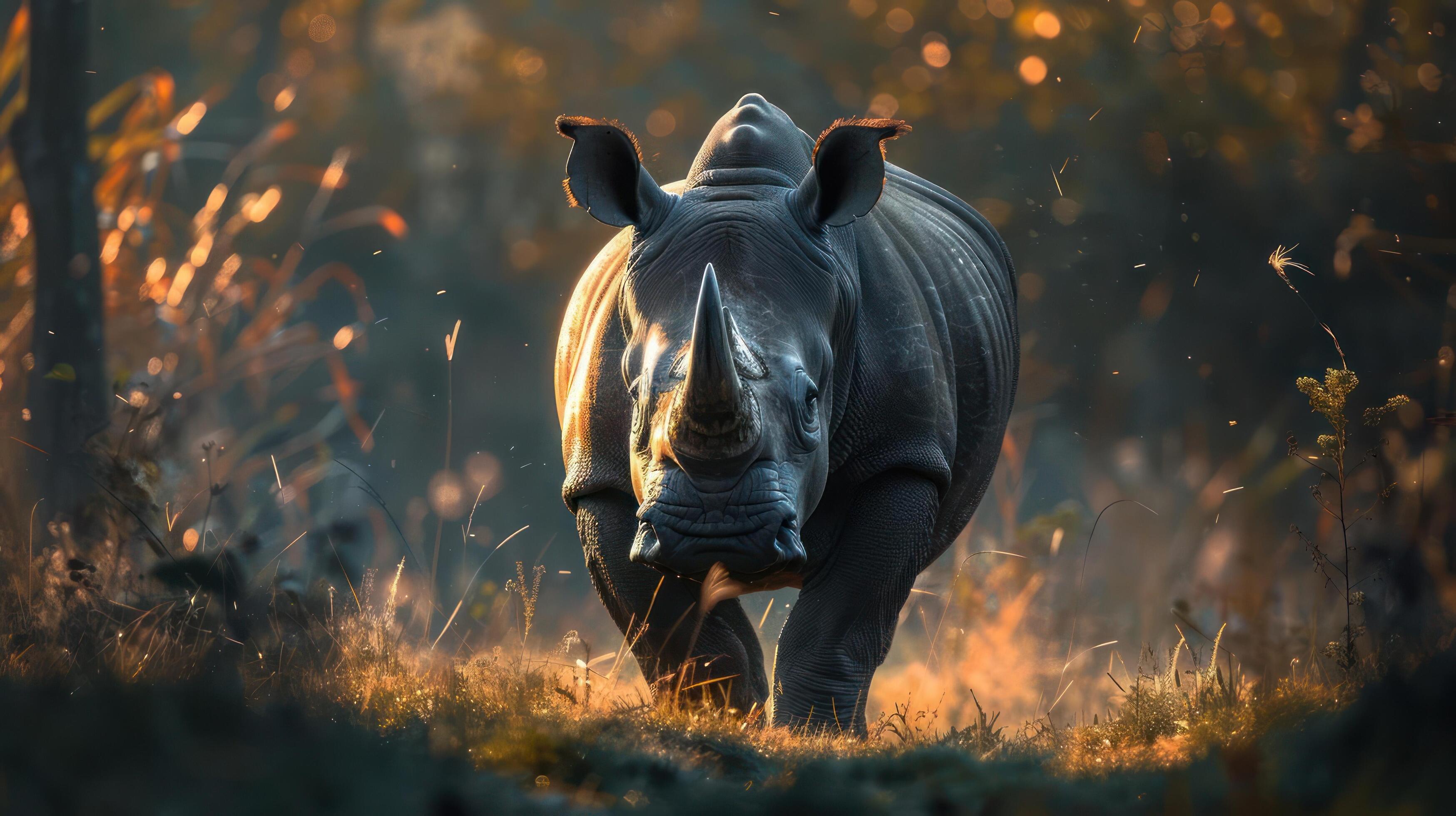 a rhino standing in a field with trees in the background Stock Free