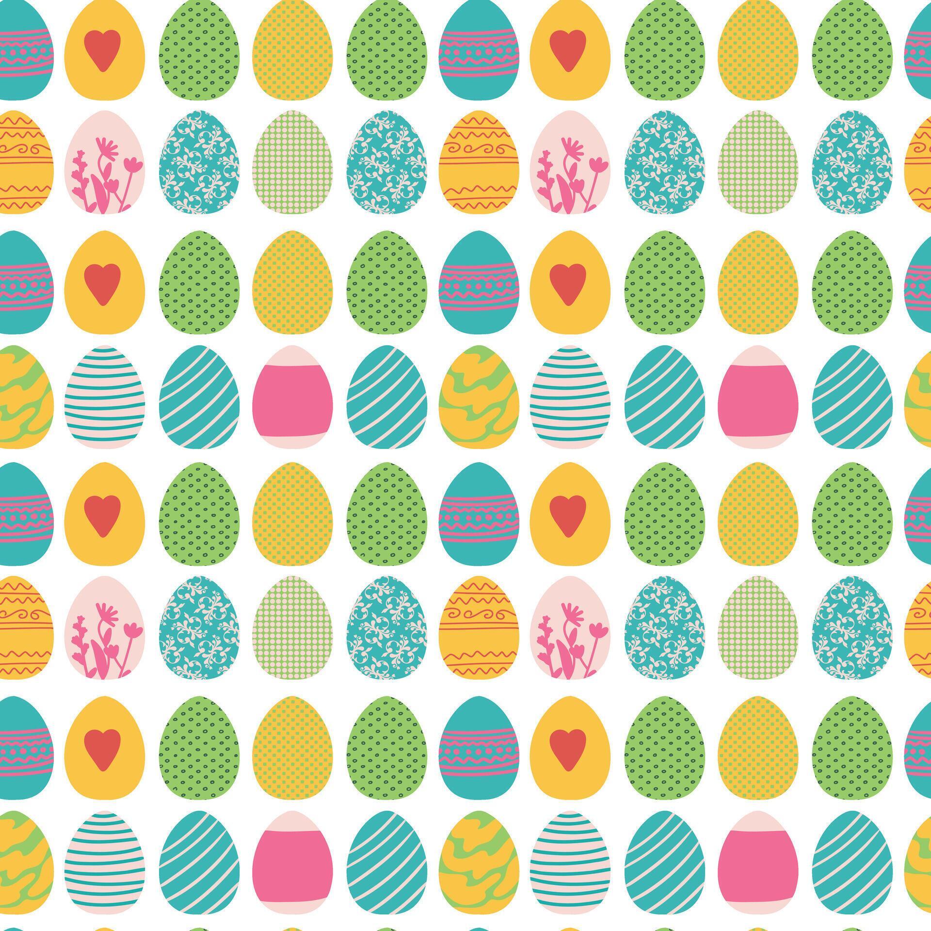 Vector colored easter eggs seamless pattern for Easter holidays on white background. Patterns, flowers, lines, dots, stars. Vector illustration. EPS 10 Stock Free