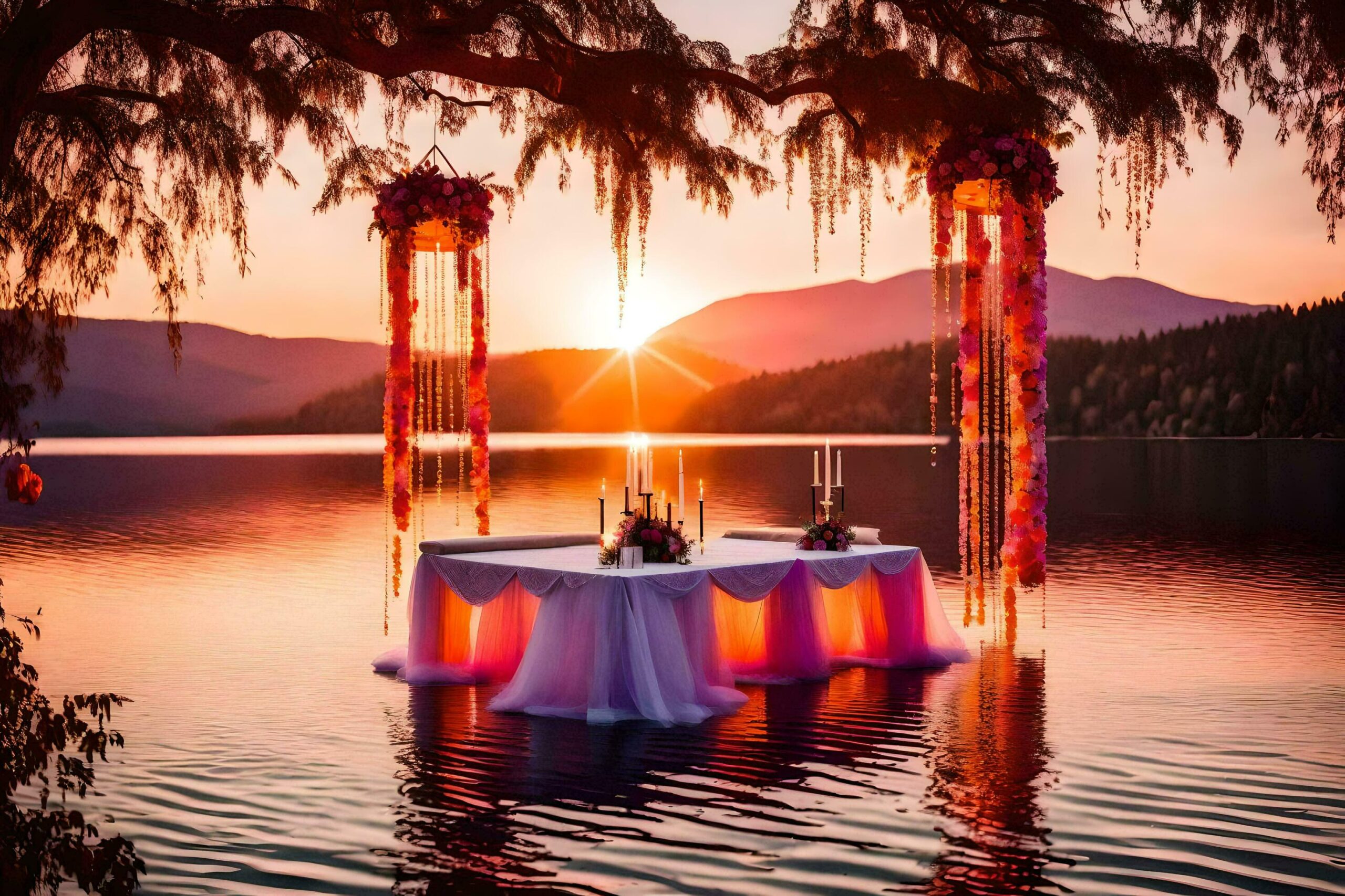 an outdoor wedding table set up in the water Free Photo