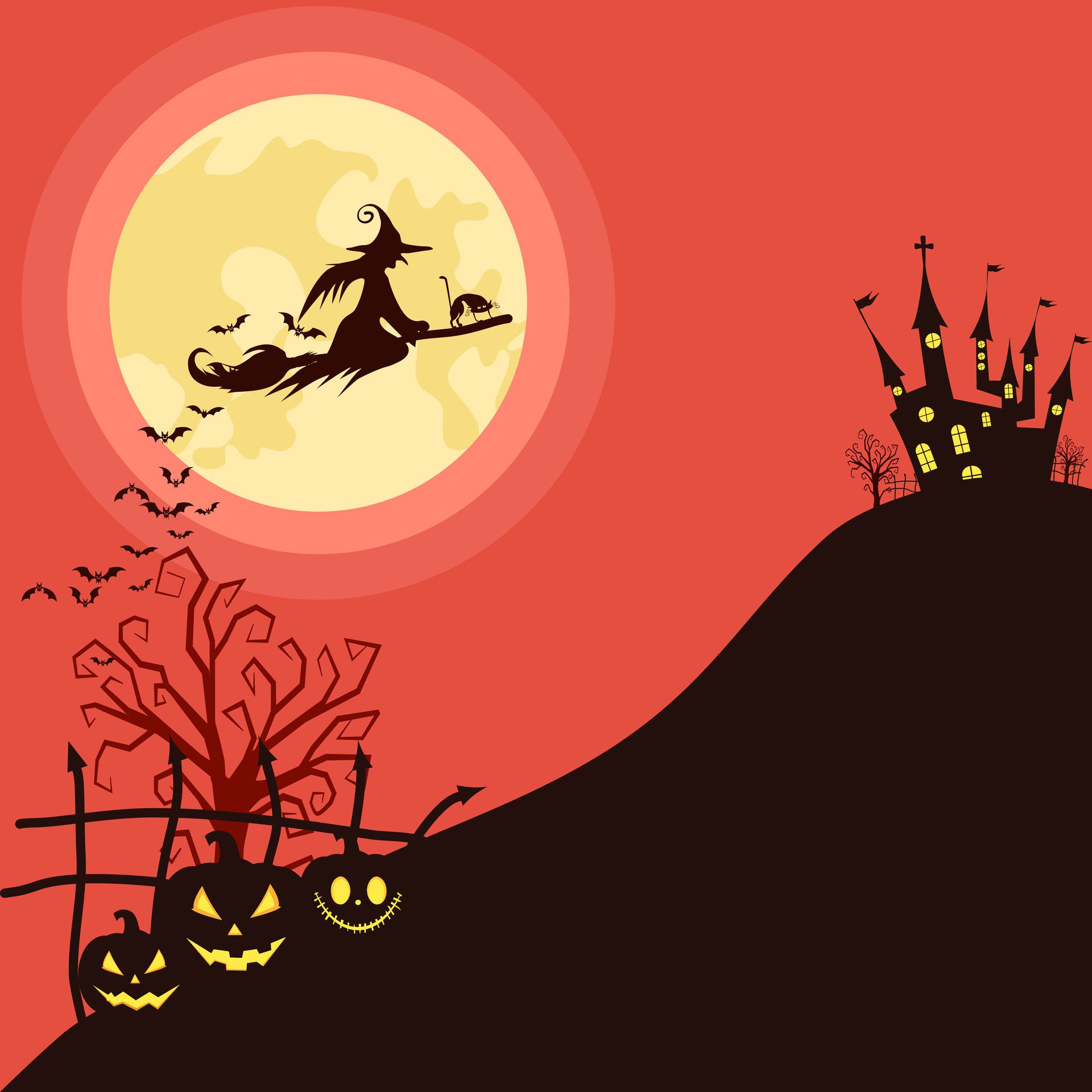 Halloween Fullmoon Banner. Witch. Haunted House. Pumpkins and Bats Free Vector