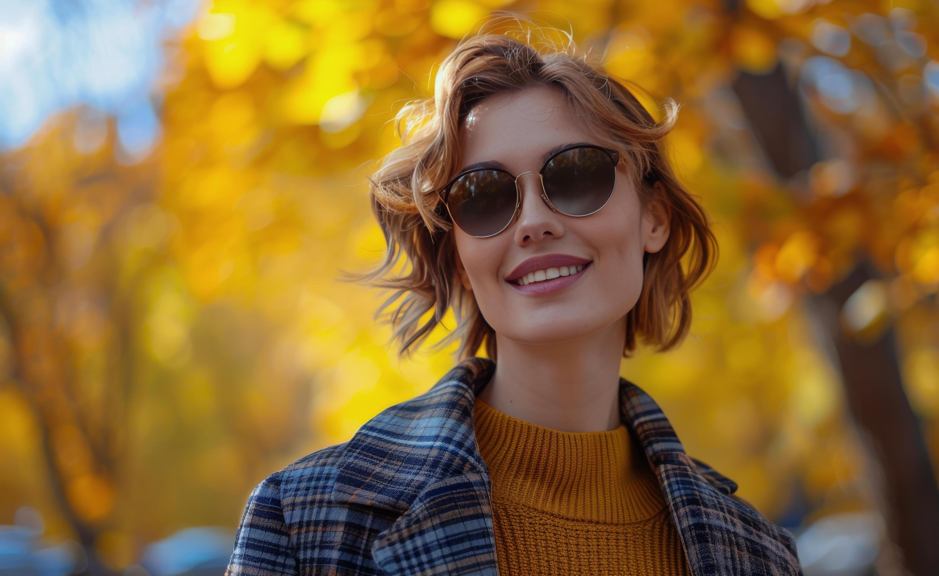 Woman Smiling in Fall With Sunglasses and Plaid Coat Stock Free