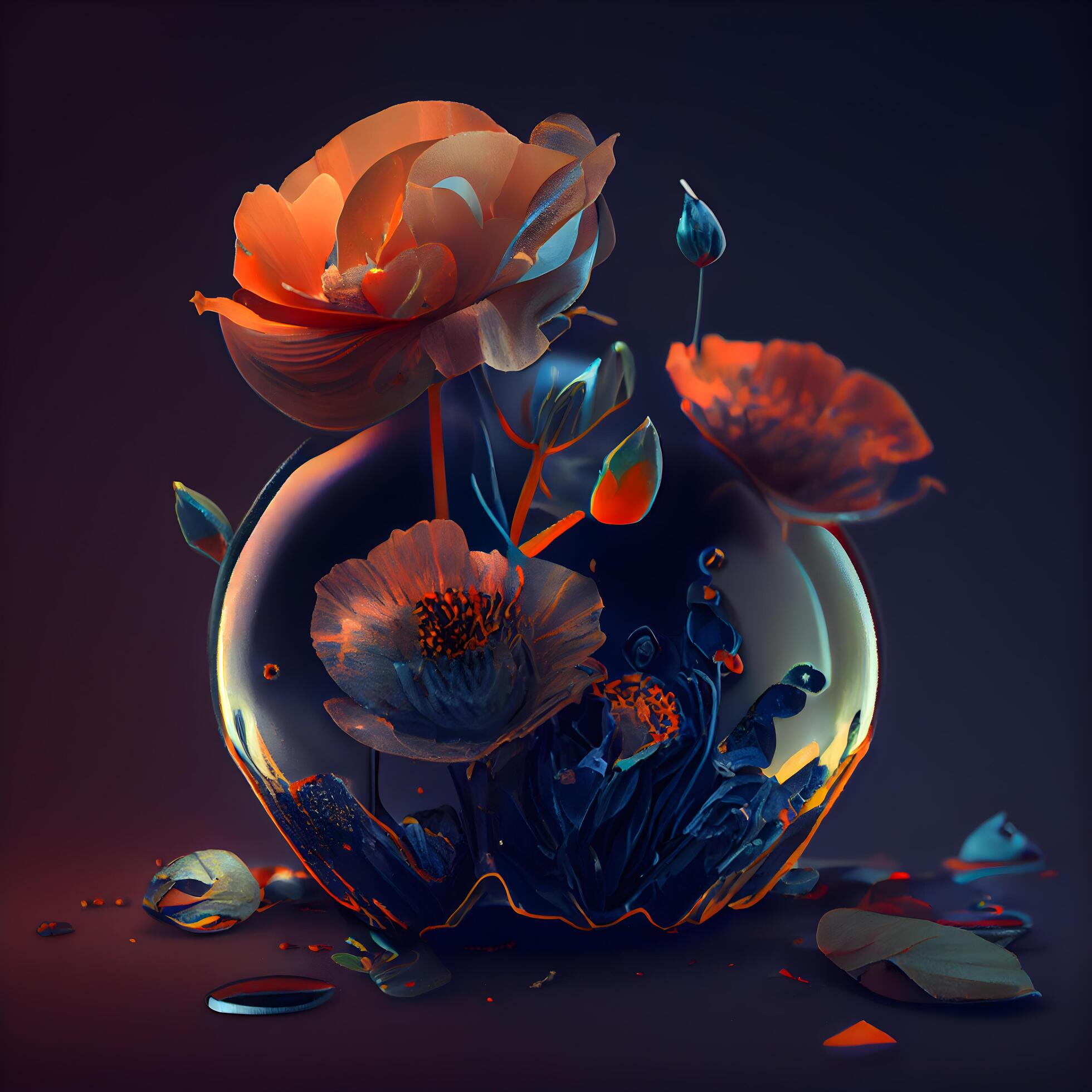 3D illustration of a crystal ball with flowers on a dark background Stock Free