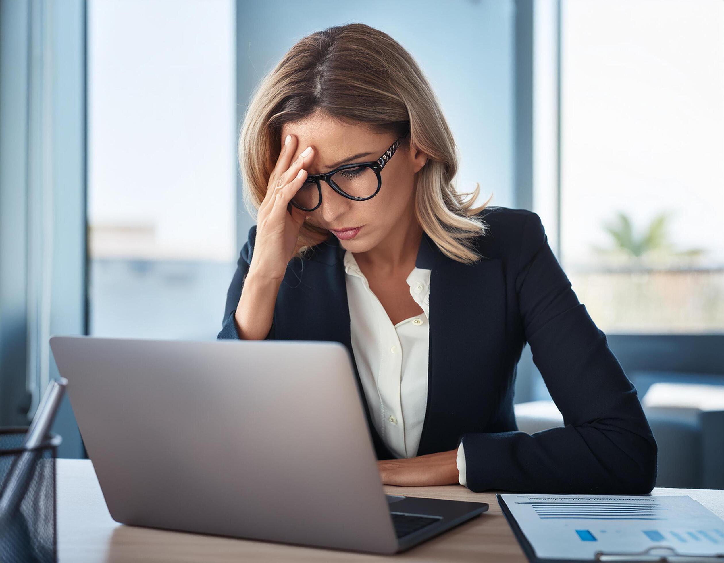 Young caucasian business woman in her 30s in front of laptop looking stressed, upset, worried, at work. Stock Free