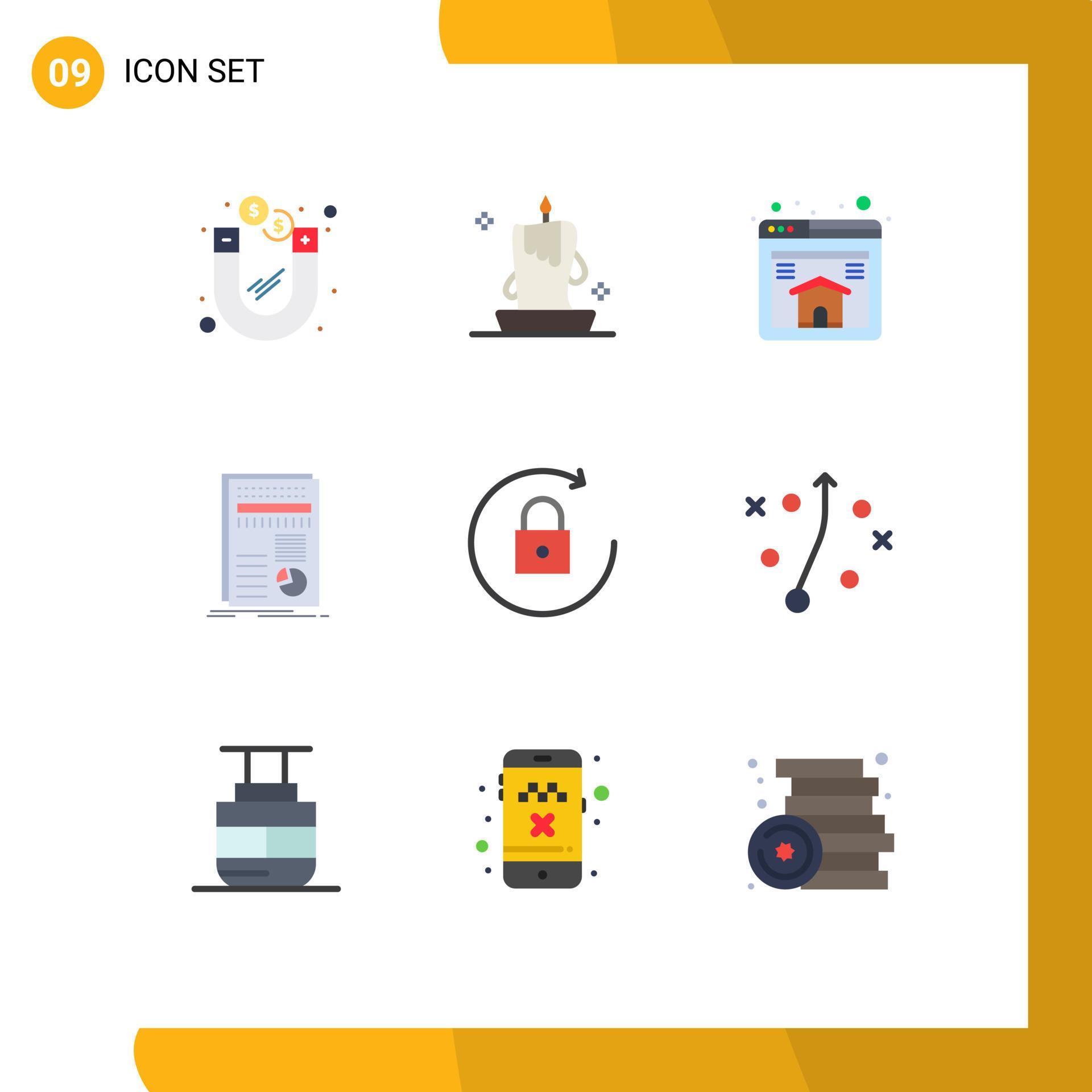 Mobile Interface Flat Color Set of 9 Pictograms of arrow report lantern finance business Editable Vector Design Elements Stock Free