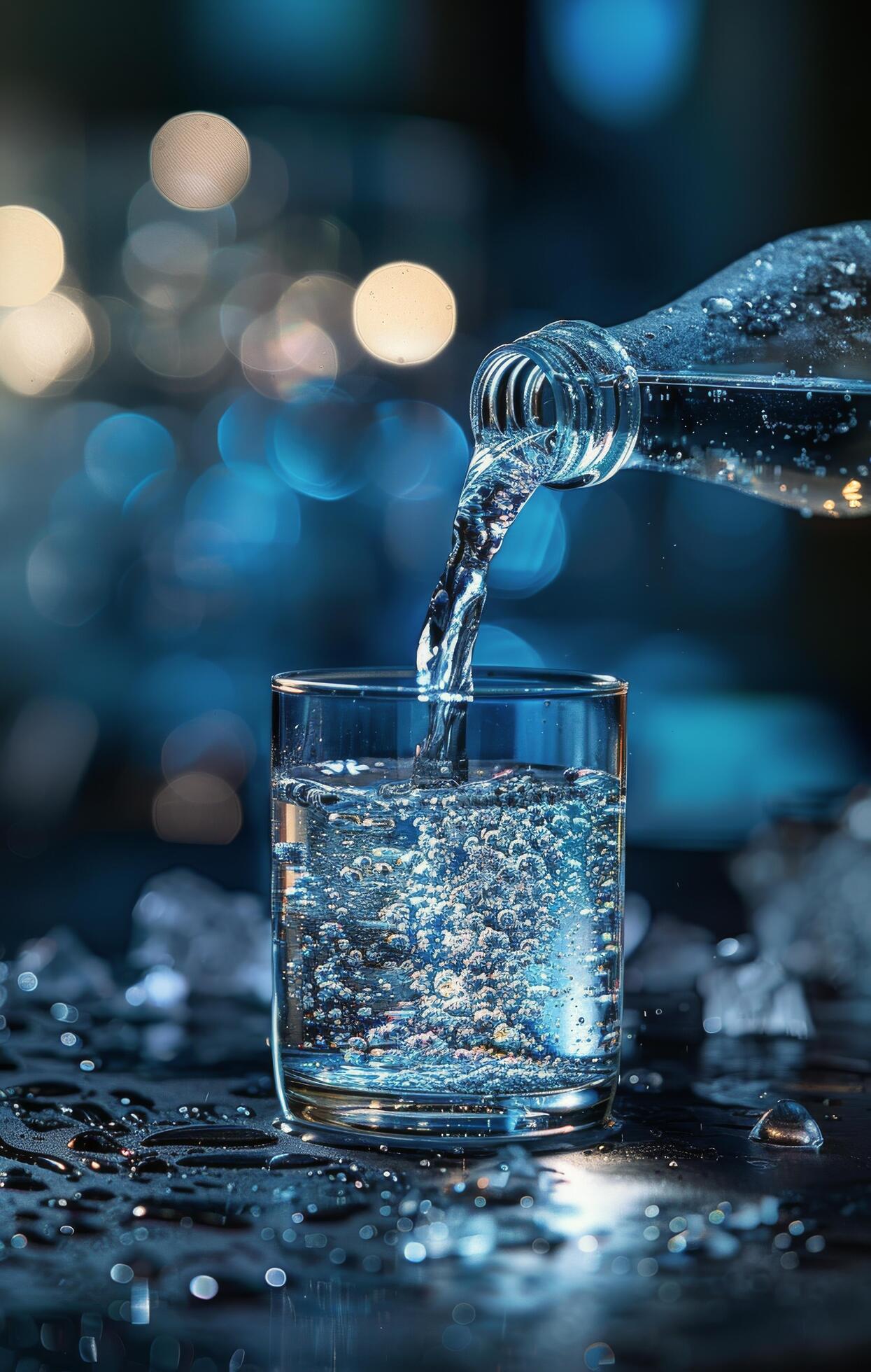 Water Pouring Into Glass on Dark Blue Background Stock Free