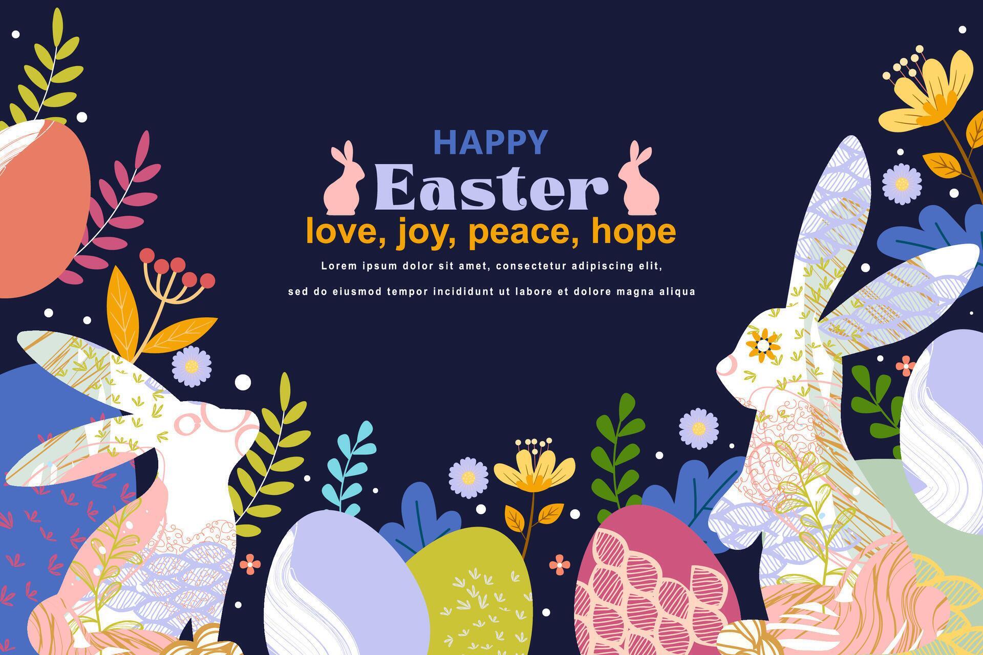 Happy Easter banner with frame made of eggs bunnies and spring flowers in flat style Stock Free