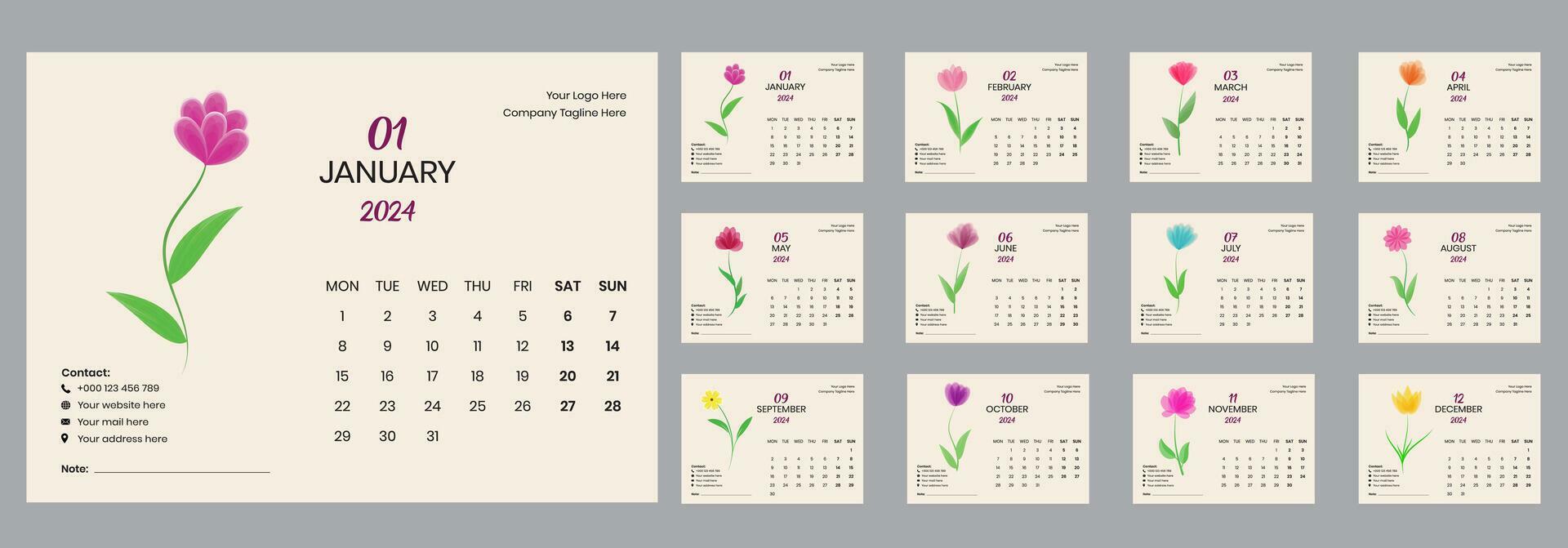 2024 Desk calendar template with printable creative beautiful flower vector design.Week Starts on Monday. Stock Free