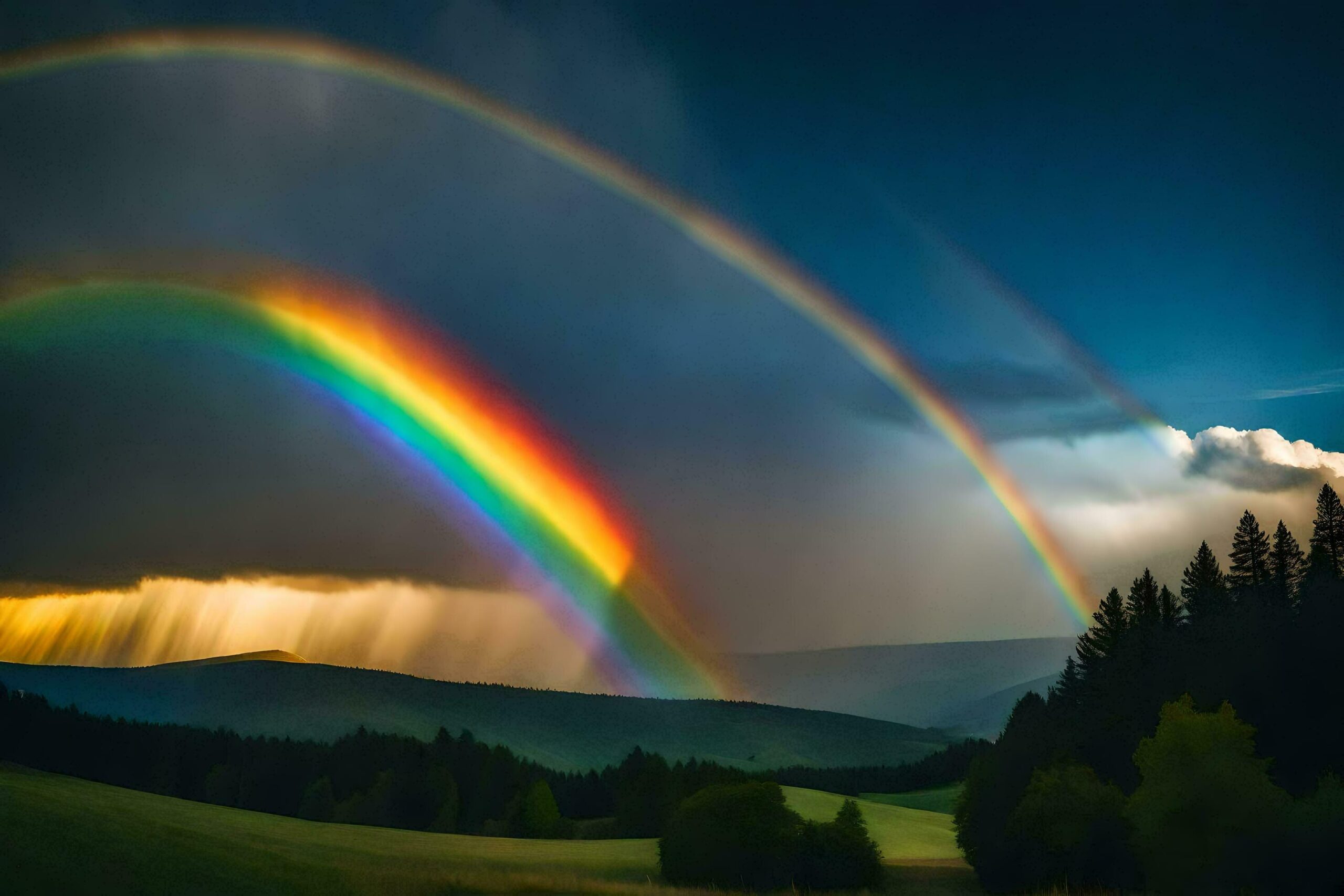 a rainbow over a field with trees and mountains Free Photo