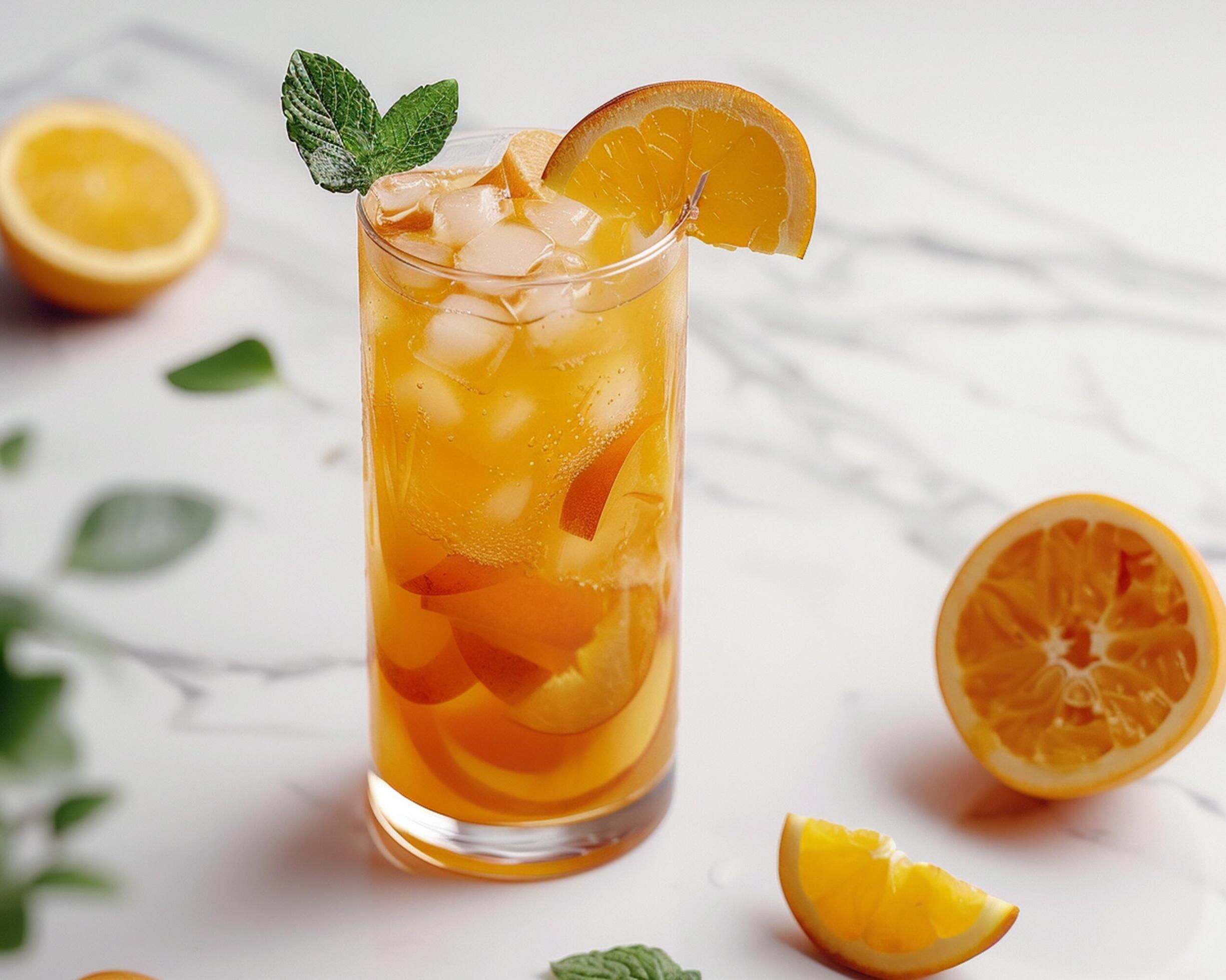 an orange drink with mint leaves and slices of oranges Stock Free