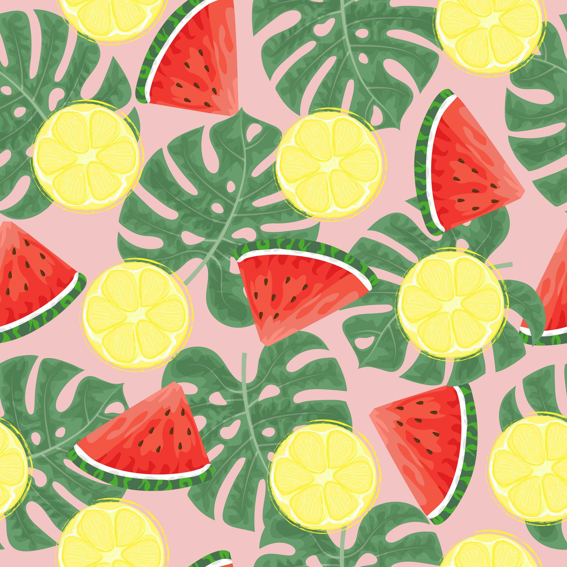 Seamless pattern with hand drawn watermelon, lemon slace and tropical monstera leaves on pink background. Free Vector