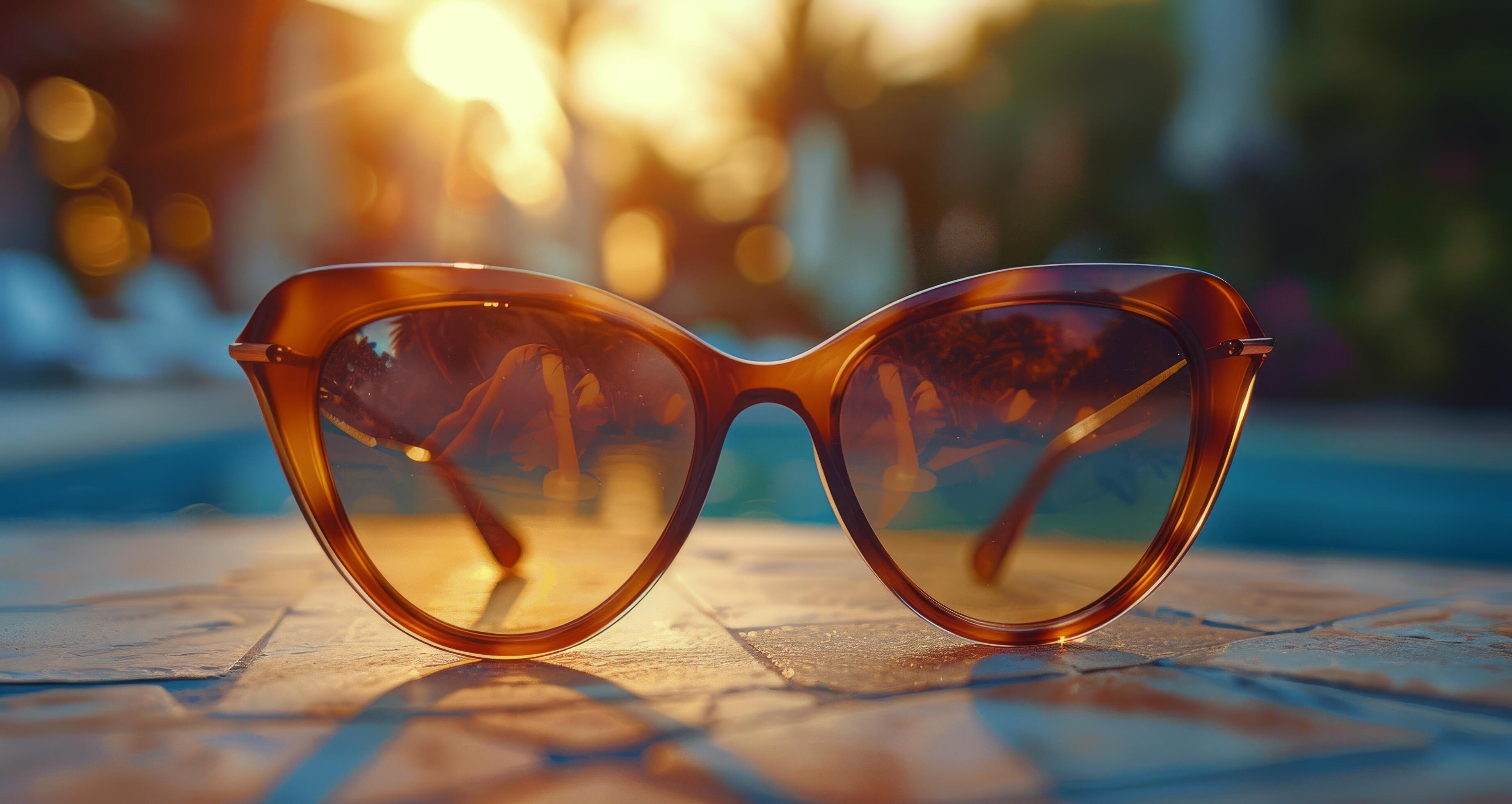 Brown Cat-Eye Sunglasses Resting on a Wooden Surface With a Blurry Sunlit Background Stock Free