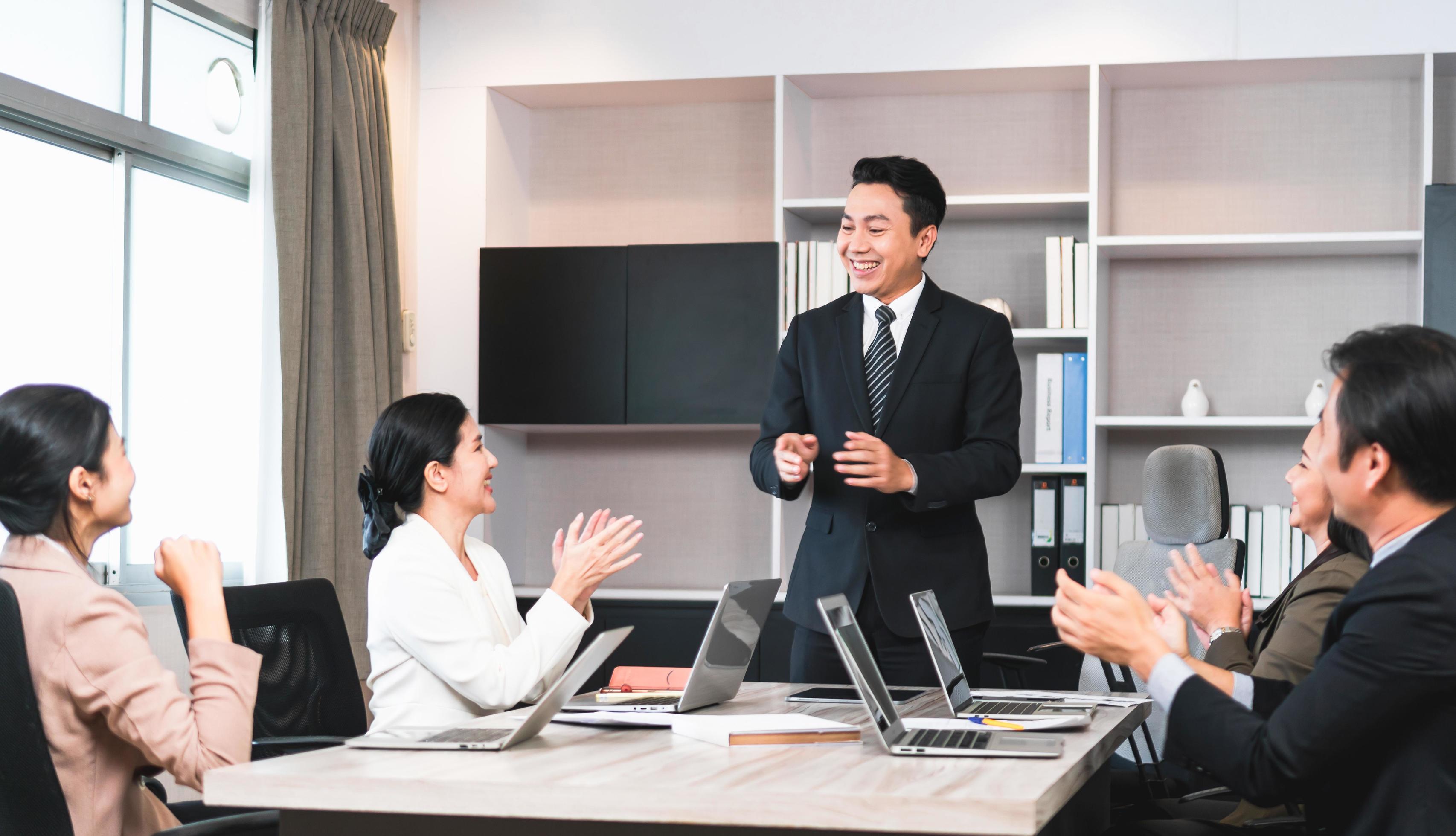 Group of coworkers in conference room during meeting, Business people in board room meeting at the office Stock Free