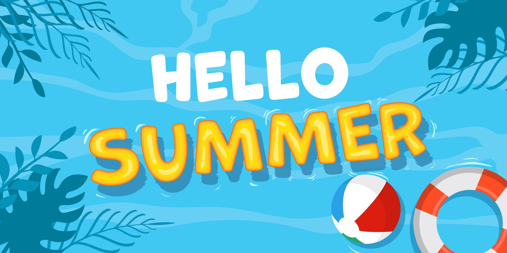 flat design hello summer horizontal banner illustration Free Vector