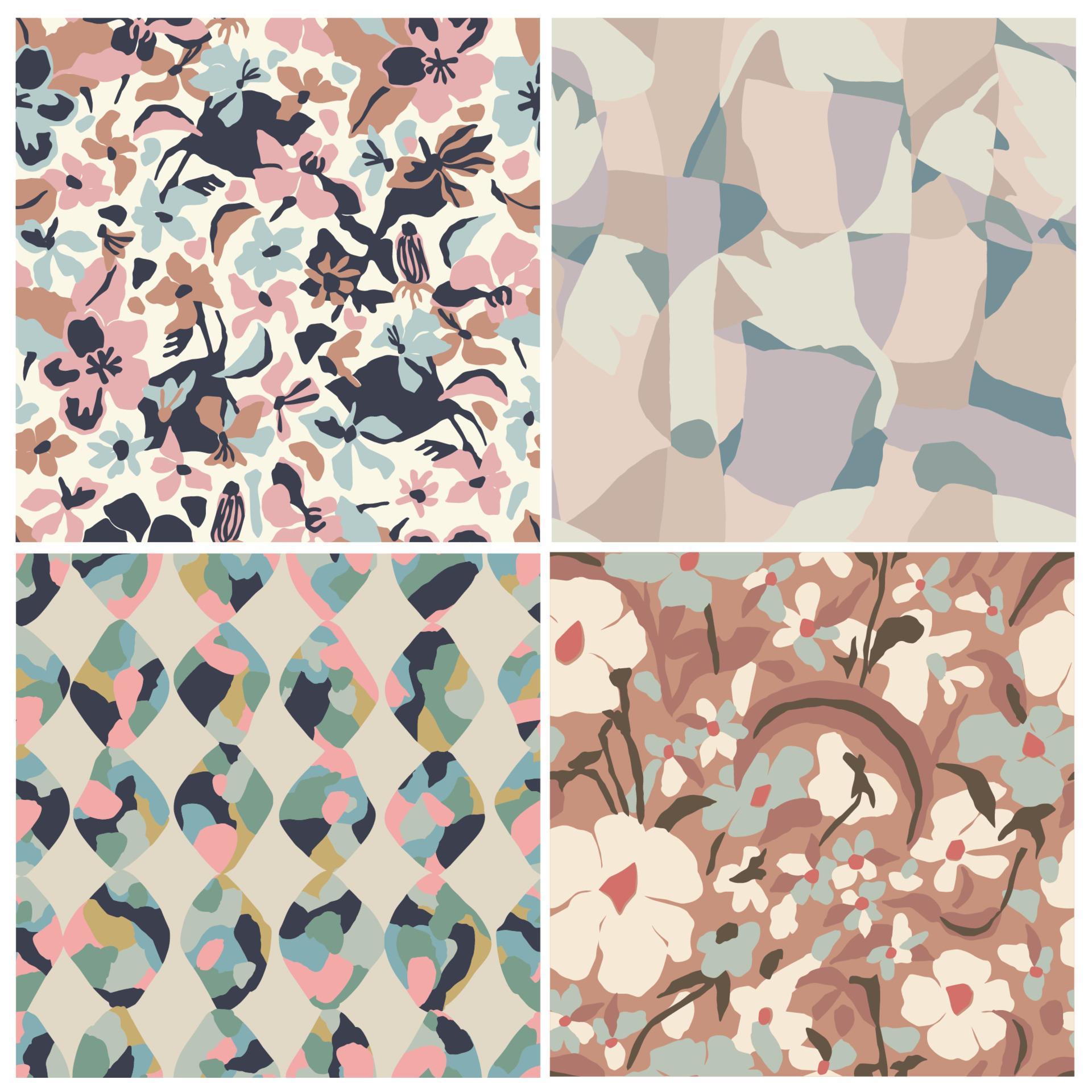 Vector abstract flower illustration seamless repeat pattern 4 designs set Stock Free