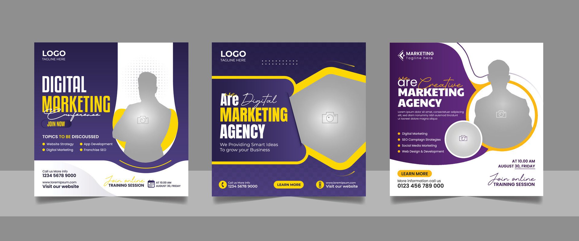 Digital Marketing Social Media Post Template, Online Live Webinar, Business Conference, Guest Speaker Web Banner Square Flyer Design Set. Free Vector