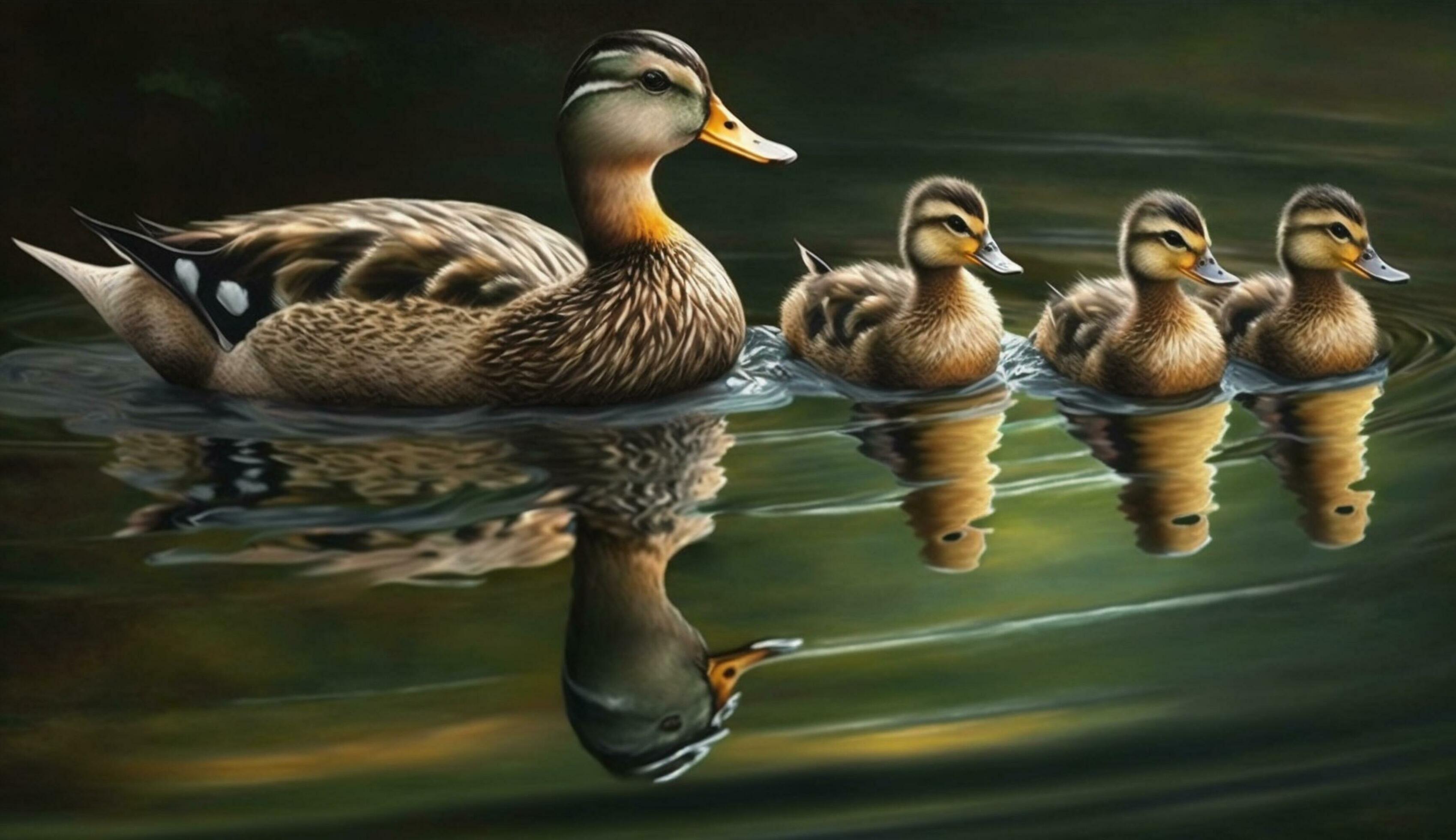 Multi colored duckling family swims in tranquil pond generated by AI Stock Free