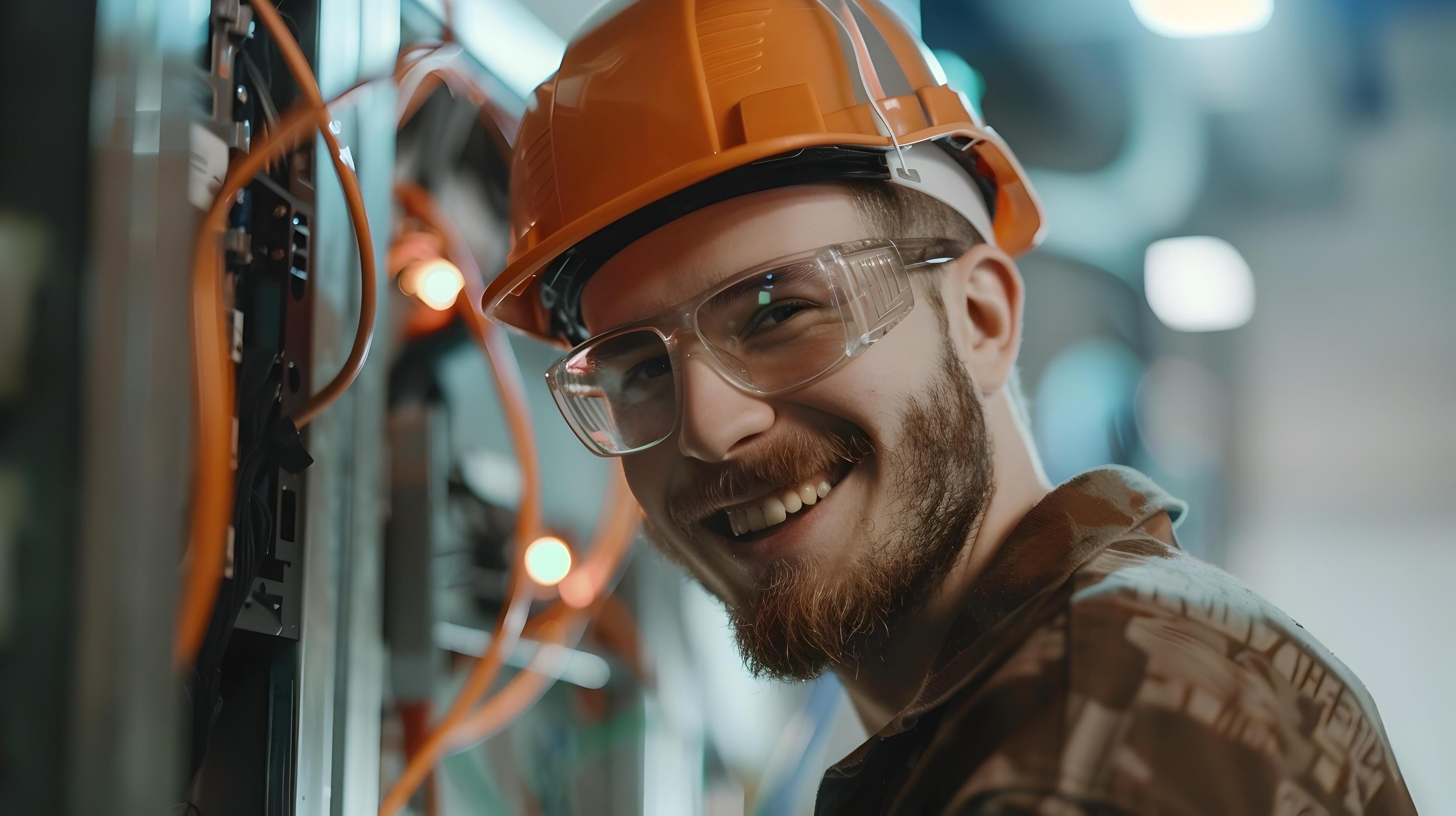 Confident Electrician Proudly Displays His Expertise on the Job Stock Free