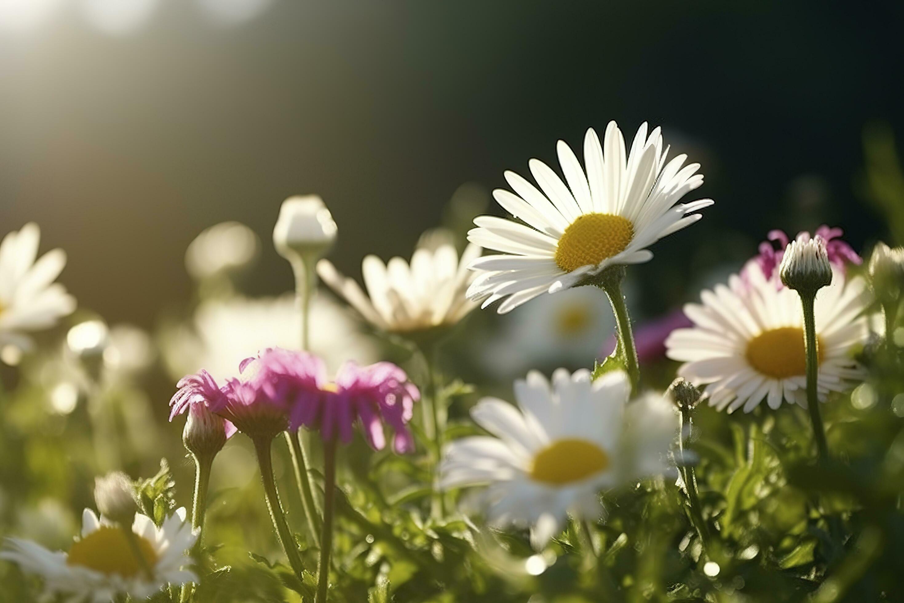 Sunny Close Up Of A Few Daisy Flowers On Flower Meadow , generate ai Stock Free