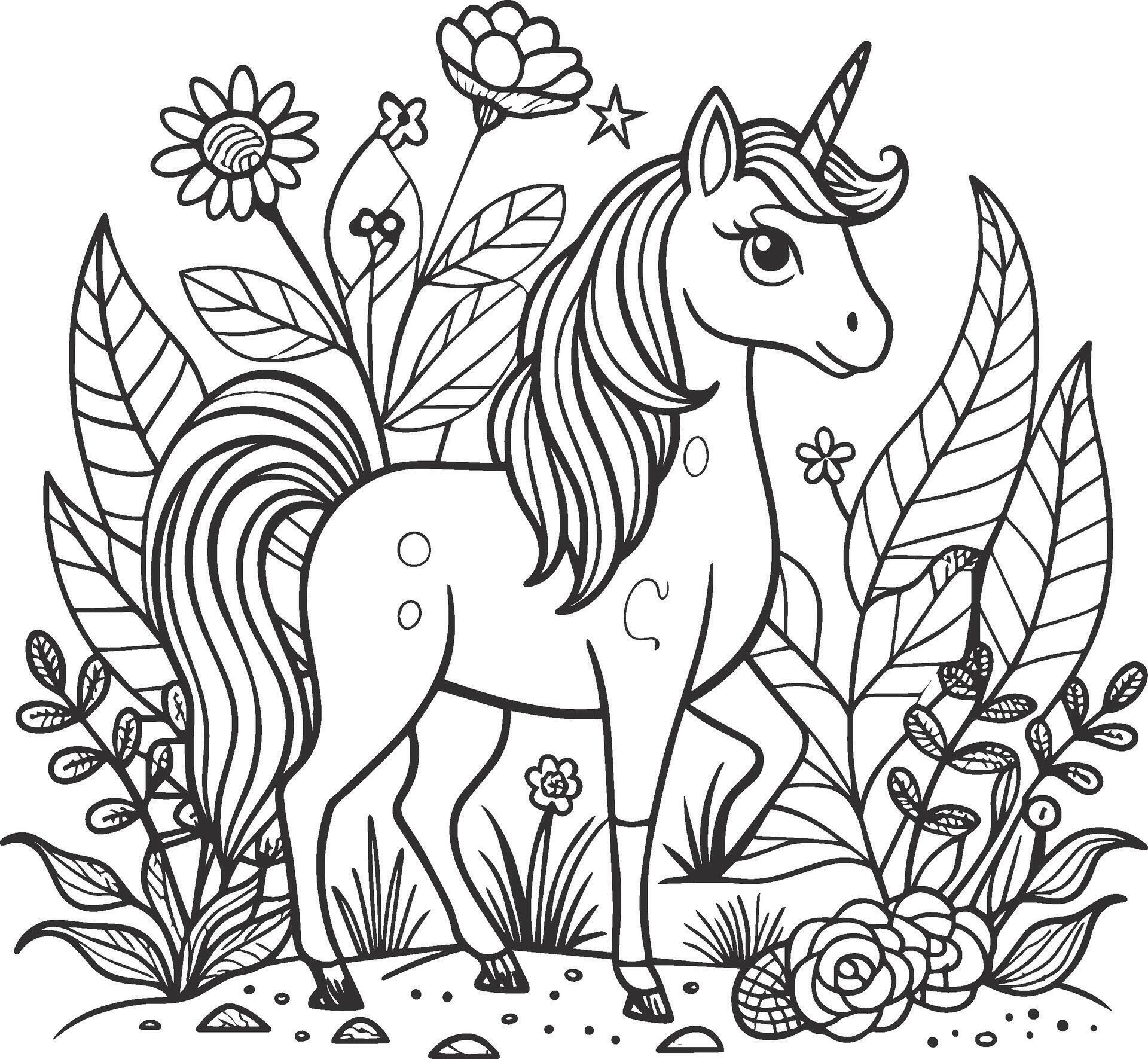 Unicorn and flowers. Coloring book for adults. Vector illustration. Stock Free