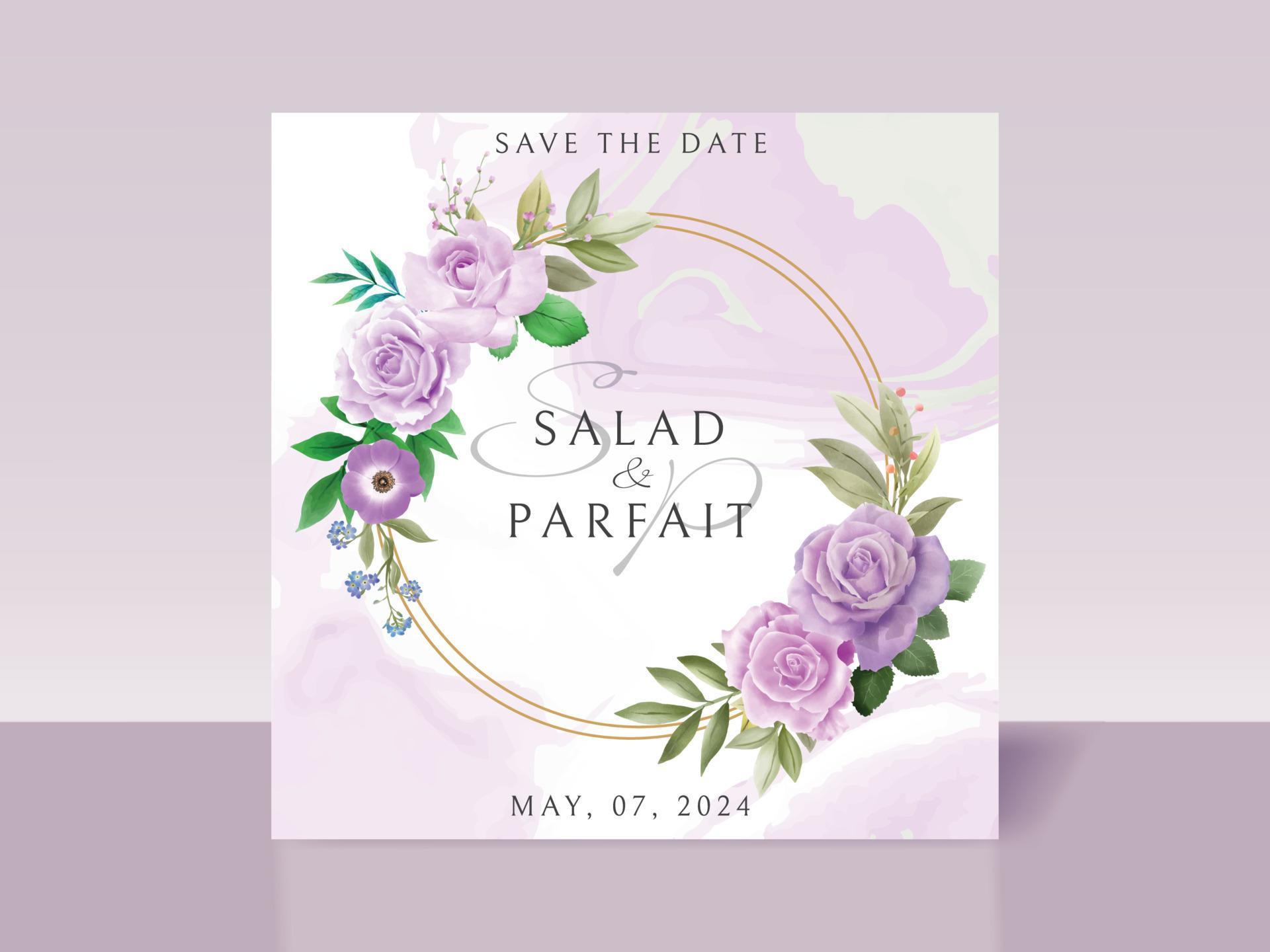 Wedding invitation card template with purple flowers Stock Free