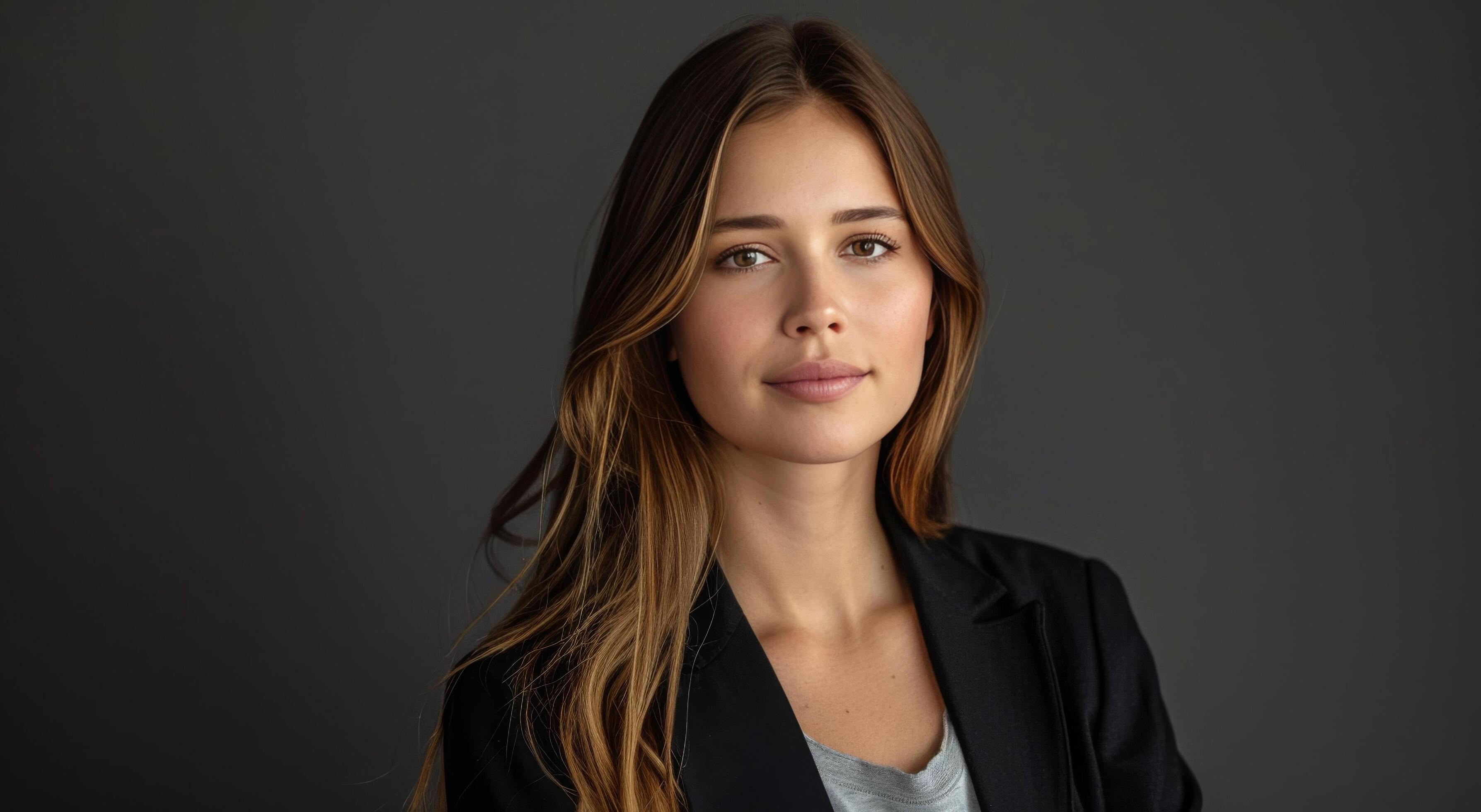 Portrait of a Woman With Long Brown Hair Wearing a Black Blazer Against a Dark Background Stock Free