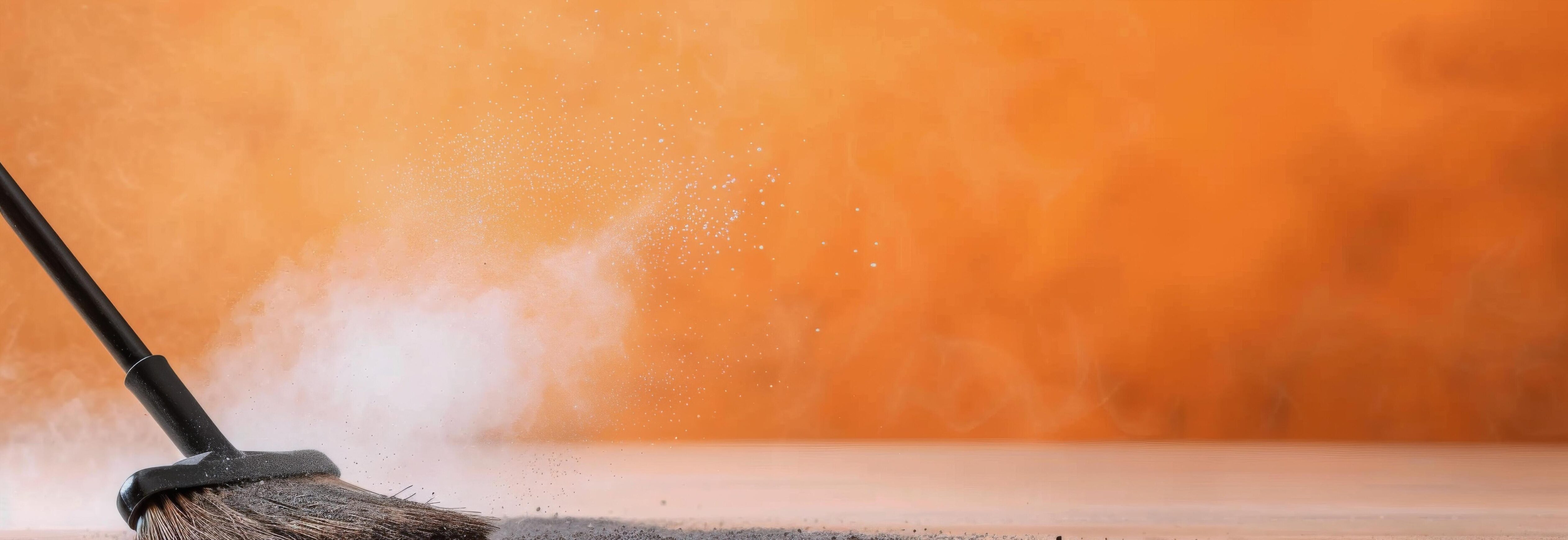 Broom Sweeping Dust on Wooden Surface With Orange Background Stock Free