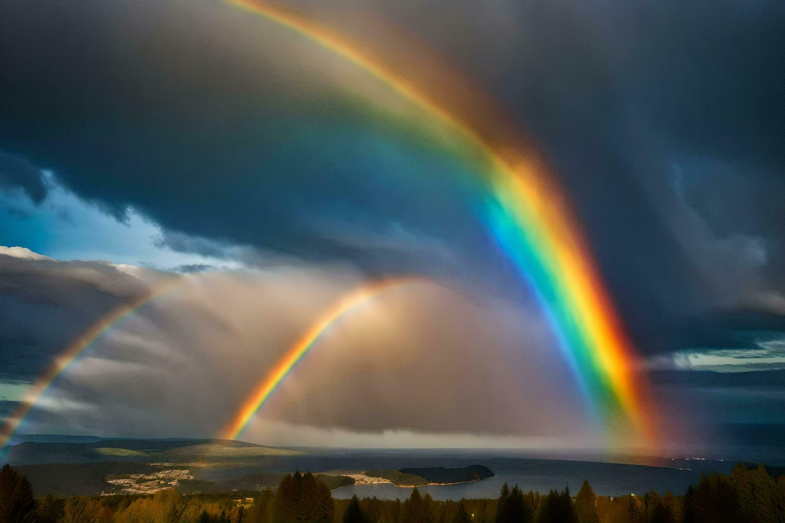 two rainbows are seen over a lake and forest Free Photo