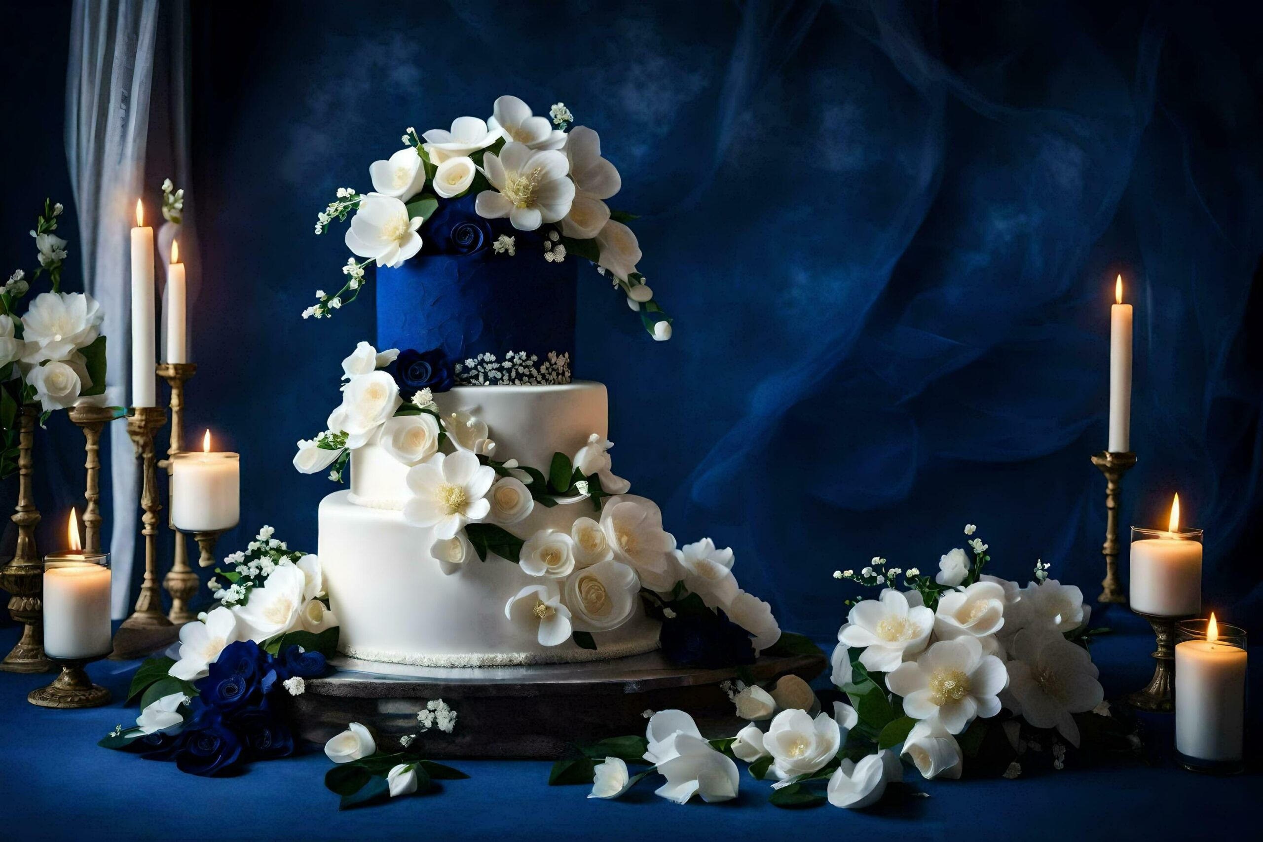 a blue and white wedding cake with flowers Free Photo