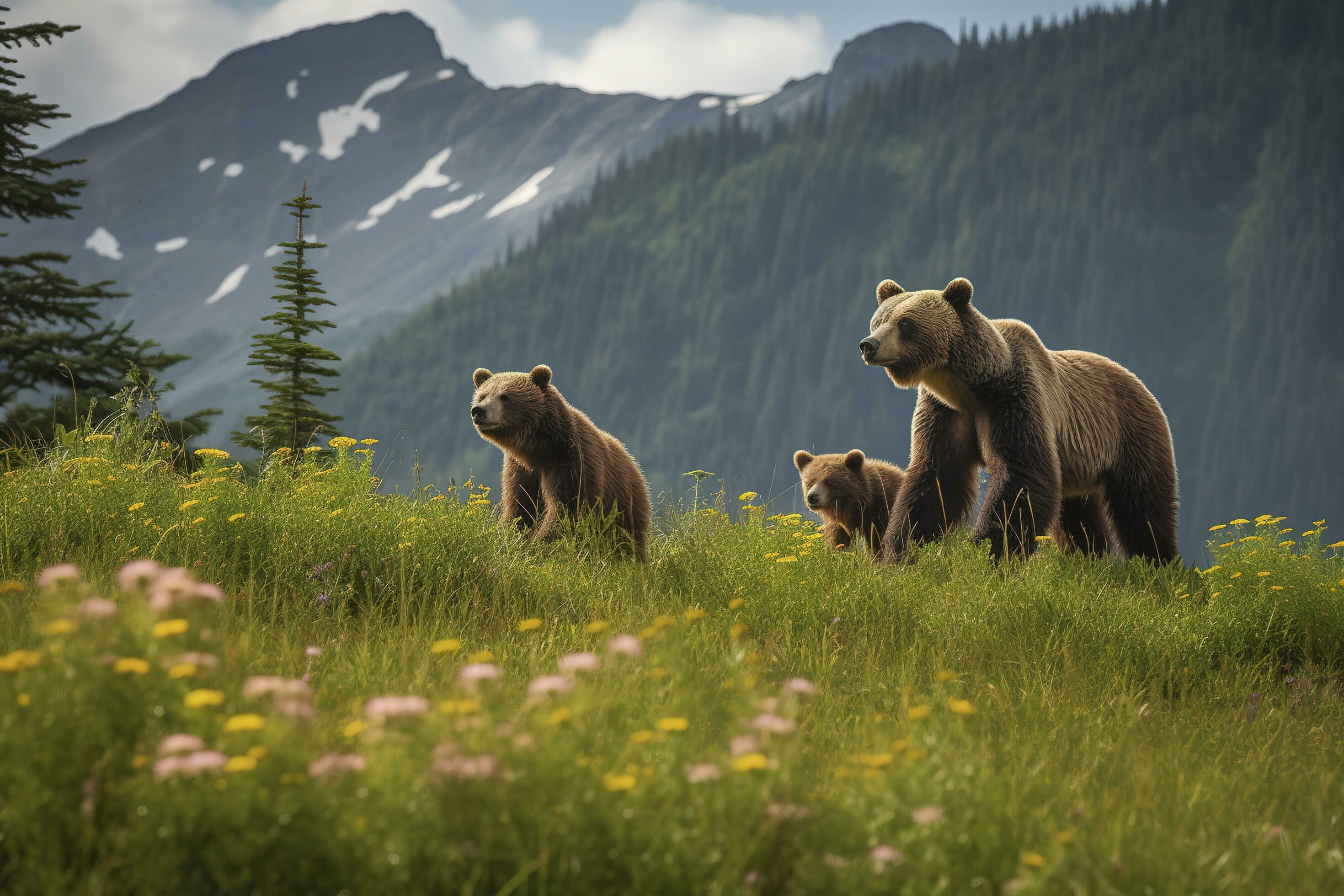 A family of bears playing in a field of wildflower, generate ai Stock Free