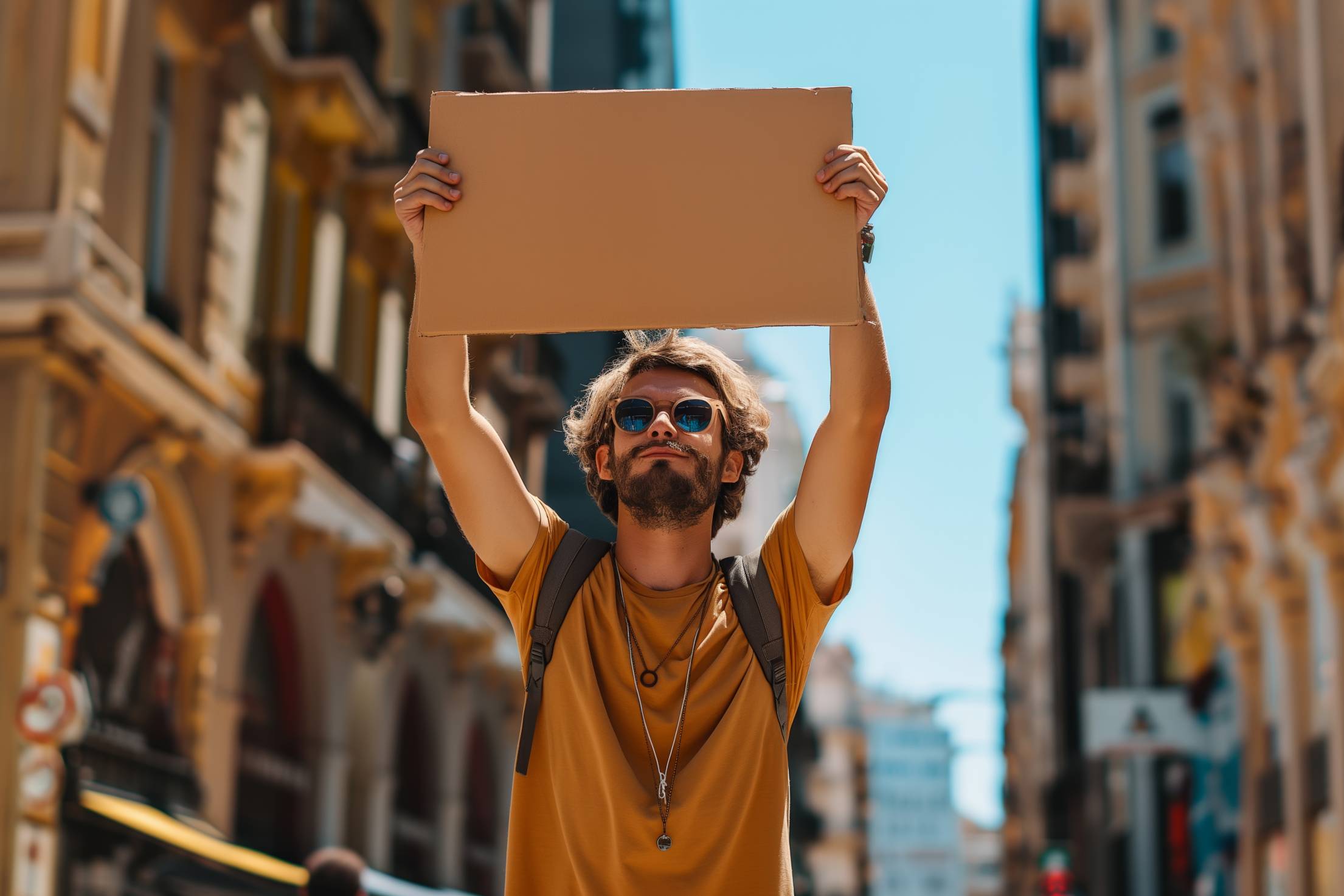 Man Holding an Empty Cardboard Sign Above His Head Stock Free