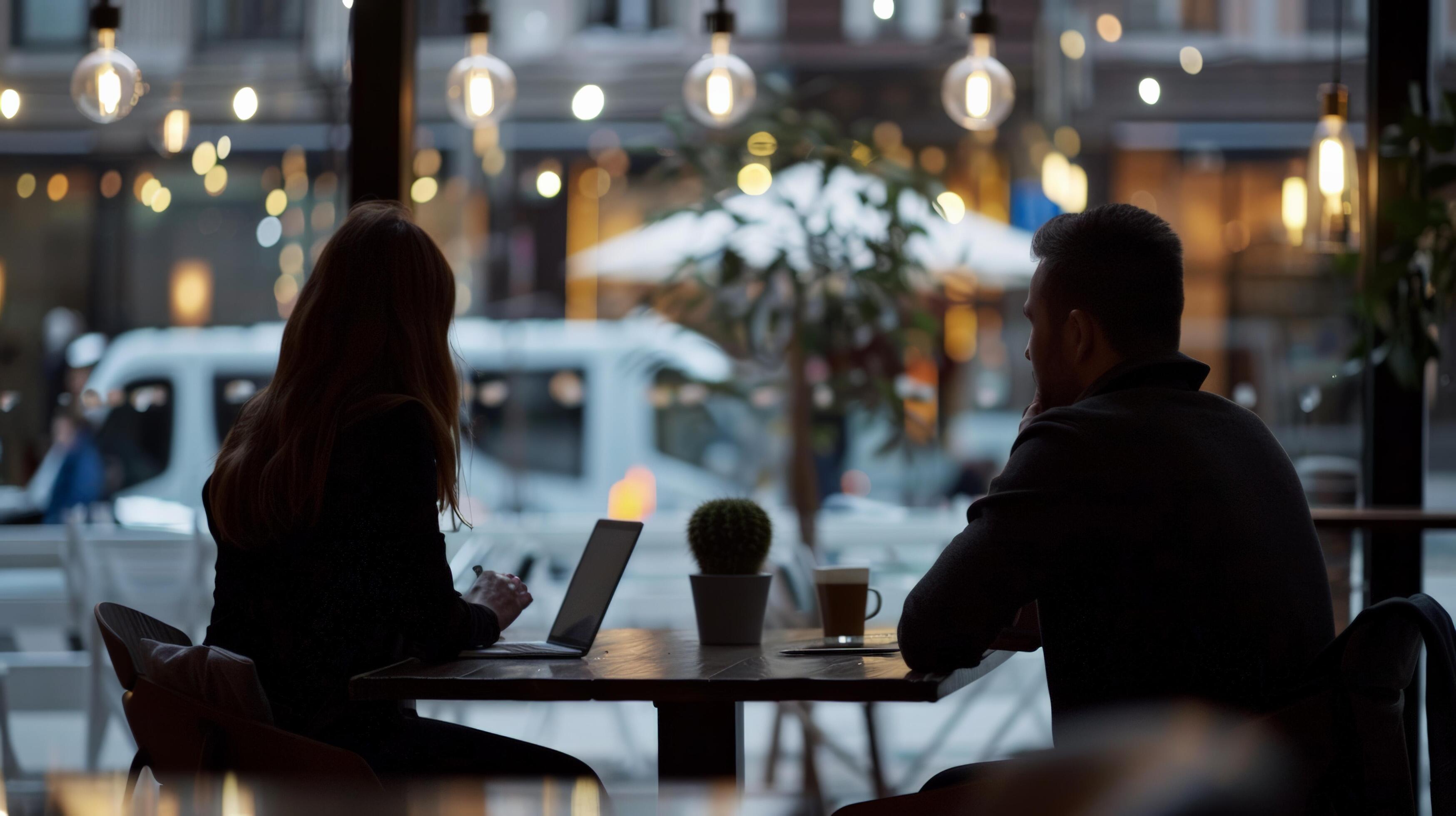 Silhouettes of two people sitting at a cafe table with laptops, surrounded by hanging lights in a cozy urban setting. Stock Free