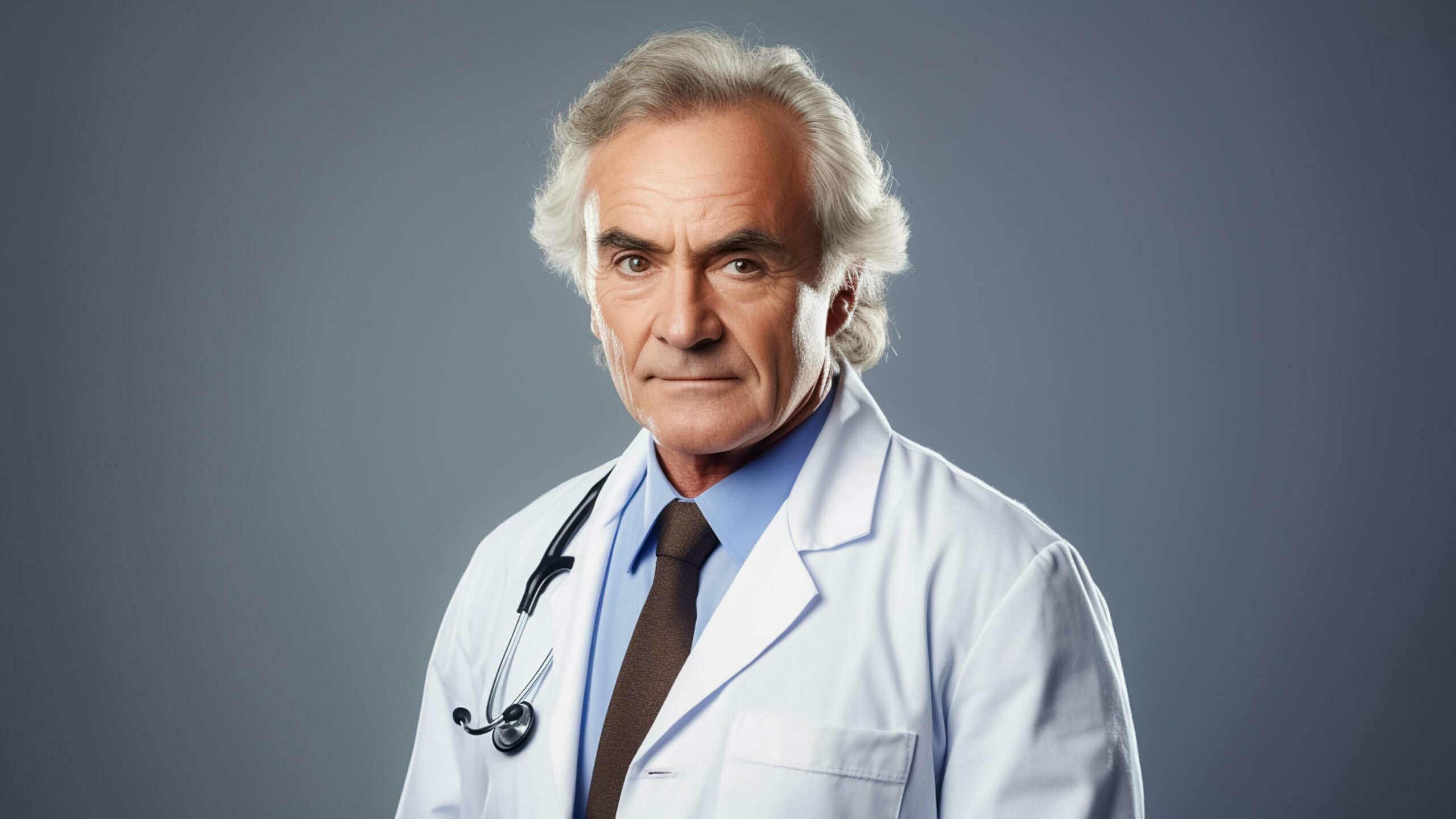 Healthcare, concept. Portrait of Senior male doctor smiling, posing on grey background.AI Generated Free Photo