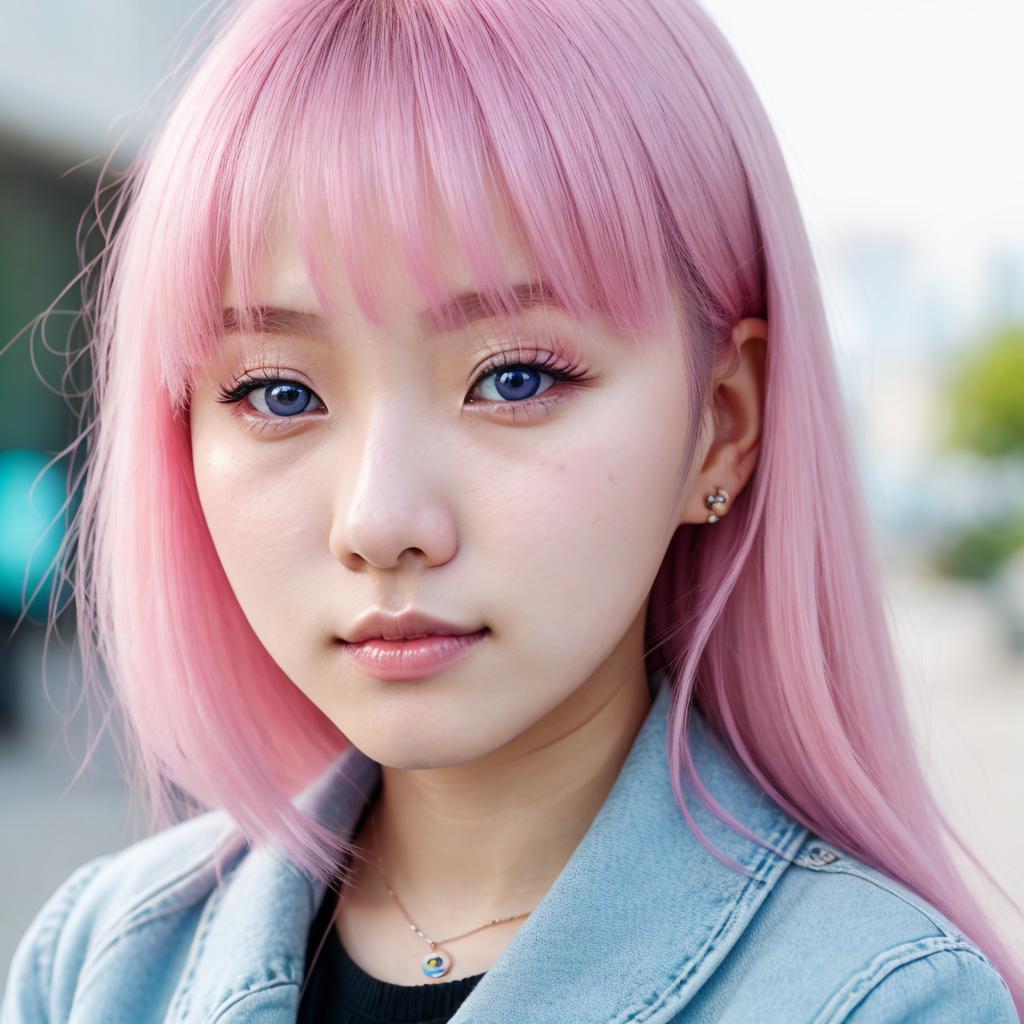 Pink hair, thin face, by @ai_generated