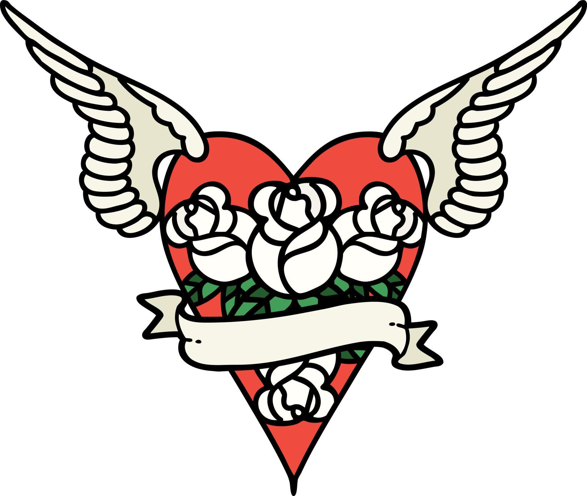 traditional tattoo of a flying heart with flowers and banner Stock Free