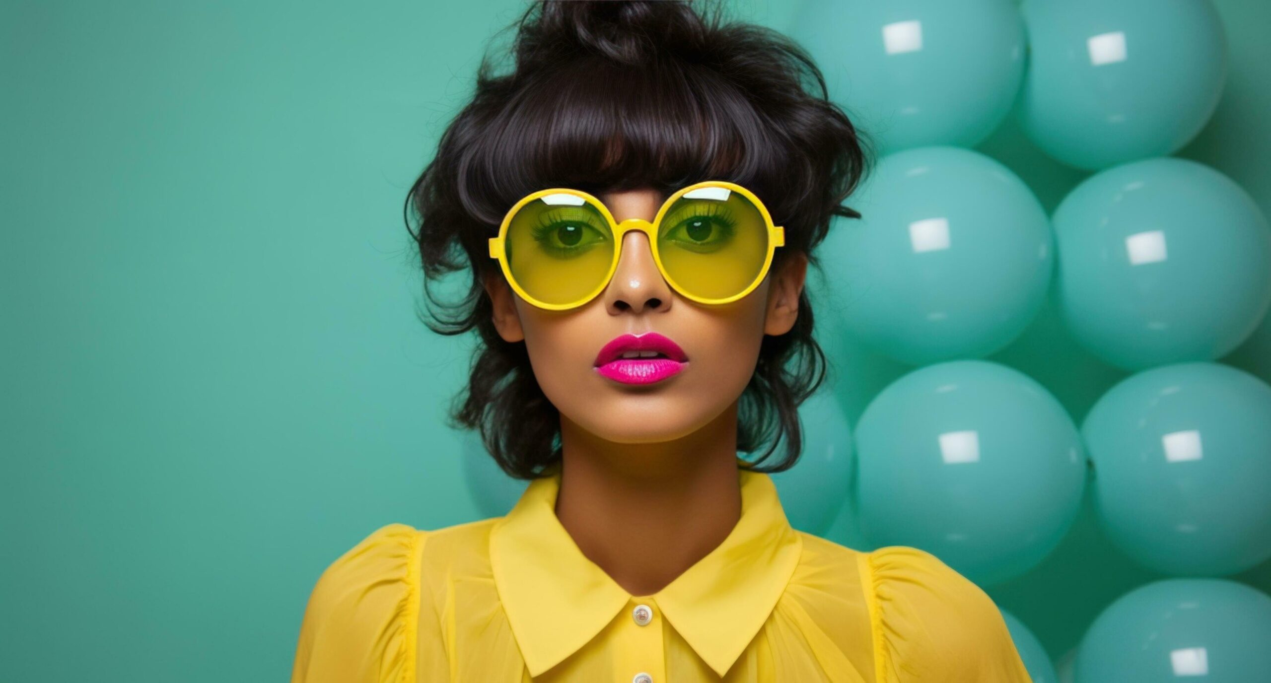 young woman in yellow sunglasses standing up Free Photo